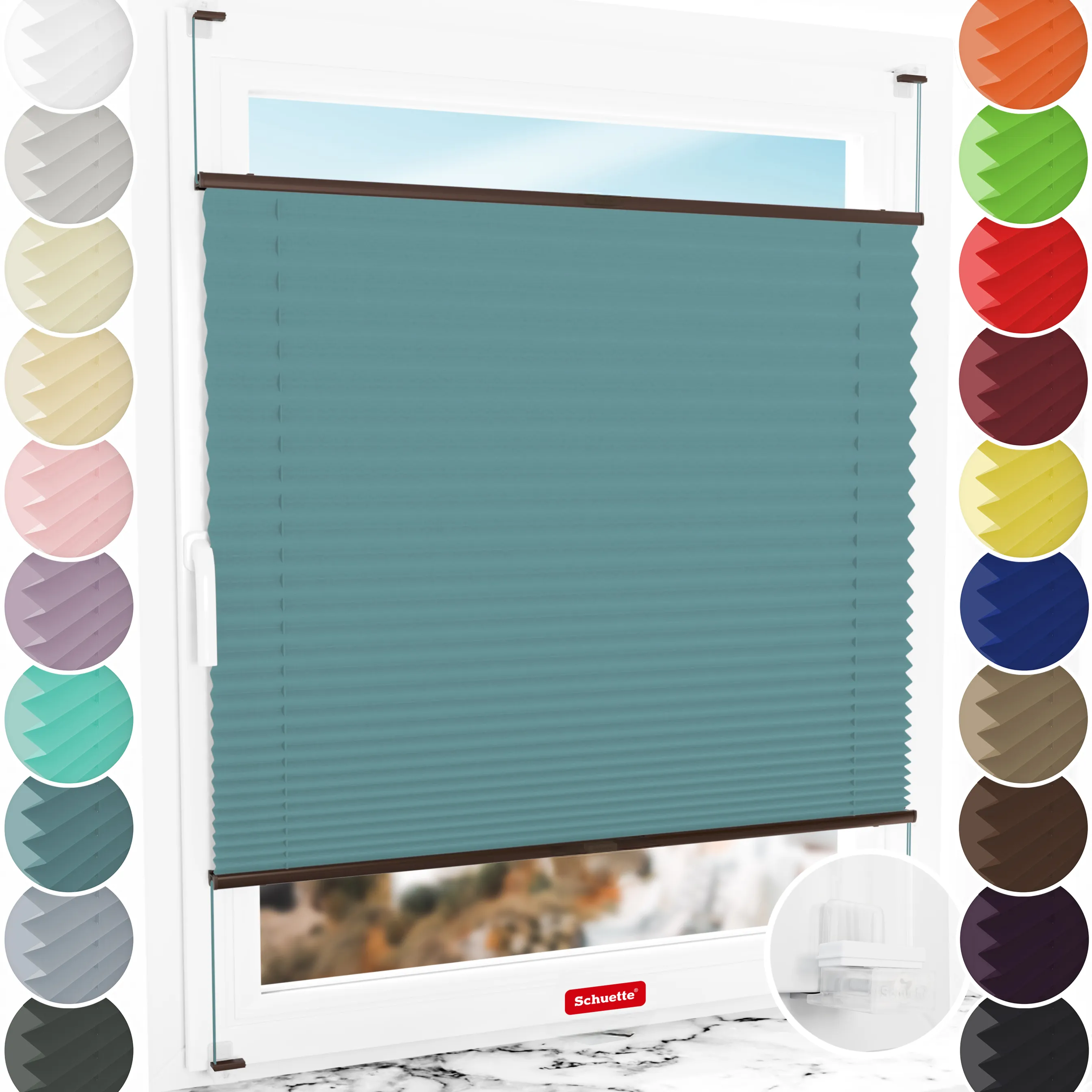 Schuette® Plissee ohne Bohren nach Maß • Suprafix Klemmhalter “Incognito X" • Thermo Kollektion: Teal Aura (Türkis) • Profilfarbe: Braun
