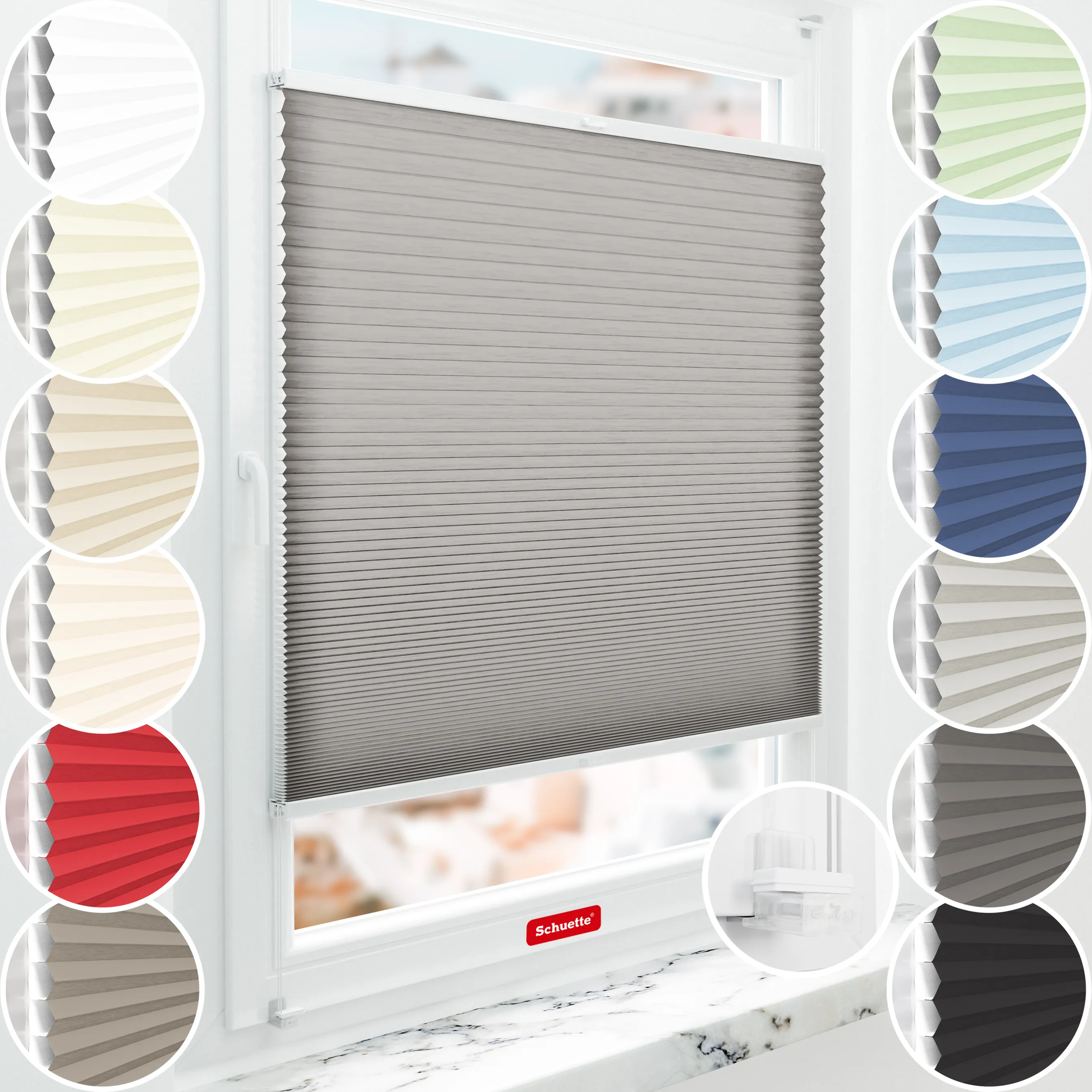 Schuette® Wabenplissee ohne Bohren nach Maß • Suprafix Klemmhalter “Incognito X" • Thermo x Honey Kollektion: Overbaked (Grau) • Profilfarbe: Braun