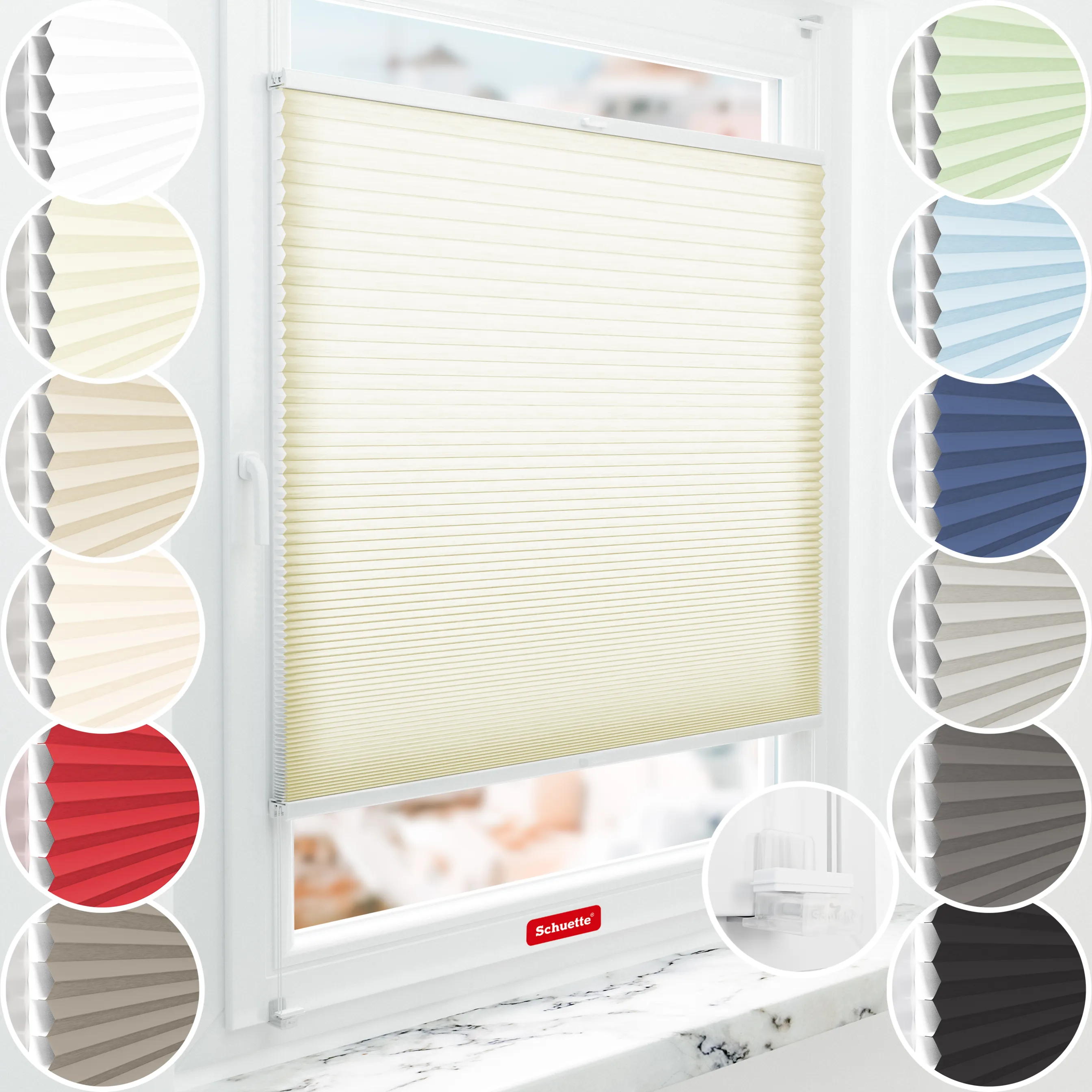 Schuette® Wabenplissee ohne Bohren nach Maß • Suprafix Klemmhalter “Incognito X" • Thermo x Honey Kollektion: Butterlight (Beige) • Profilfarbe: Anthrazit