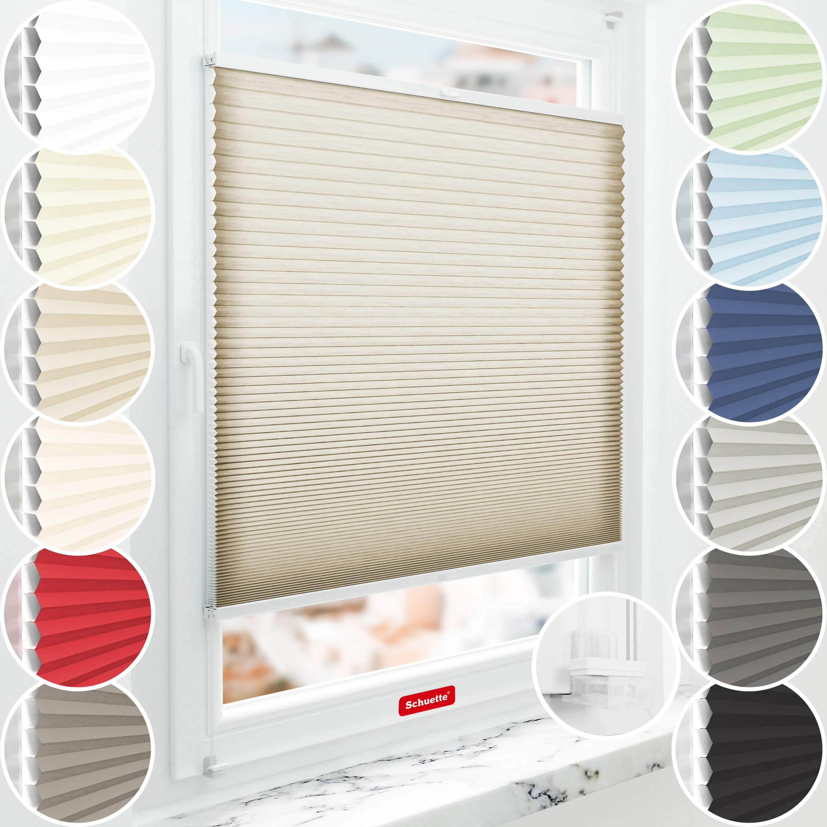 Schuette® Wabenplissee ohne Bohren nach Maß • Suprafix Klemmhalter “Incognito X" • Thermo x Honey Kollektion: Latte Mood (Sandbeige) • Profilfarbe: Eiche