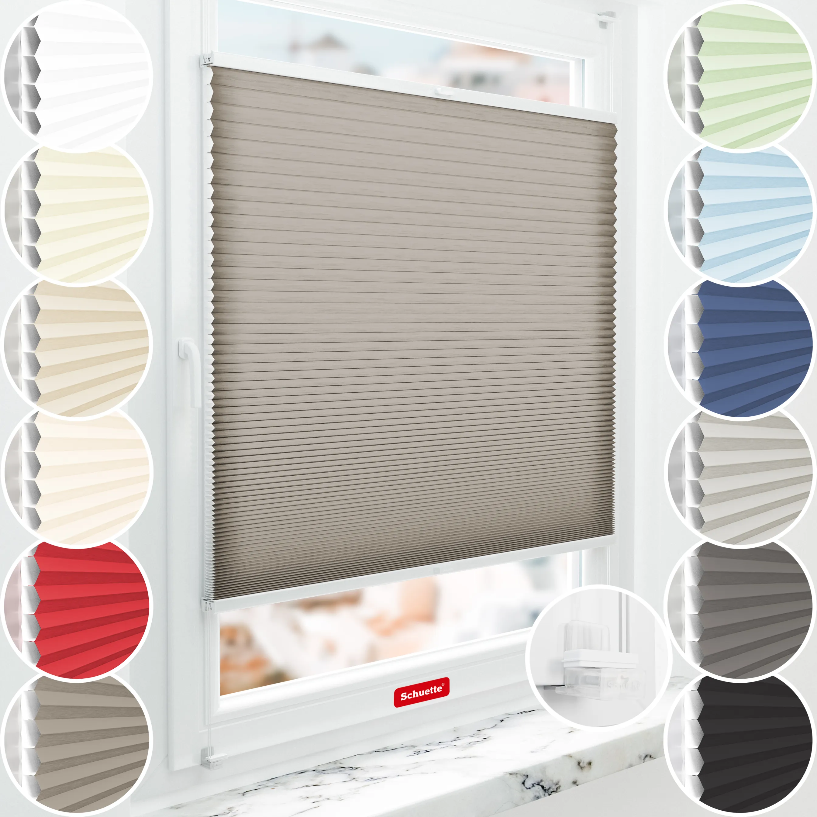 Schuette® Wabenplissee ohne Bohren nach Maß • Suprafix Klemmhalter “Incognito X" • Thermo x Honey Kollektion: Truffle Dust (Taupe) • Profilfarbe: Braun