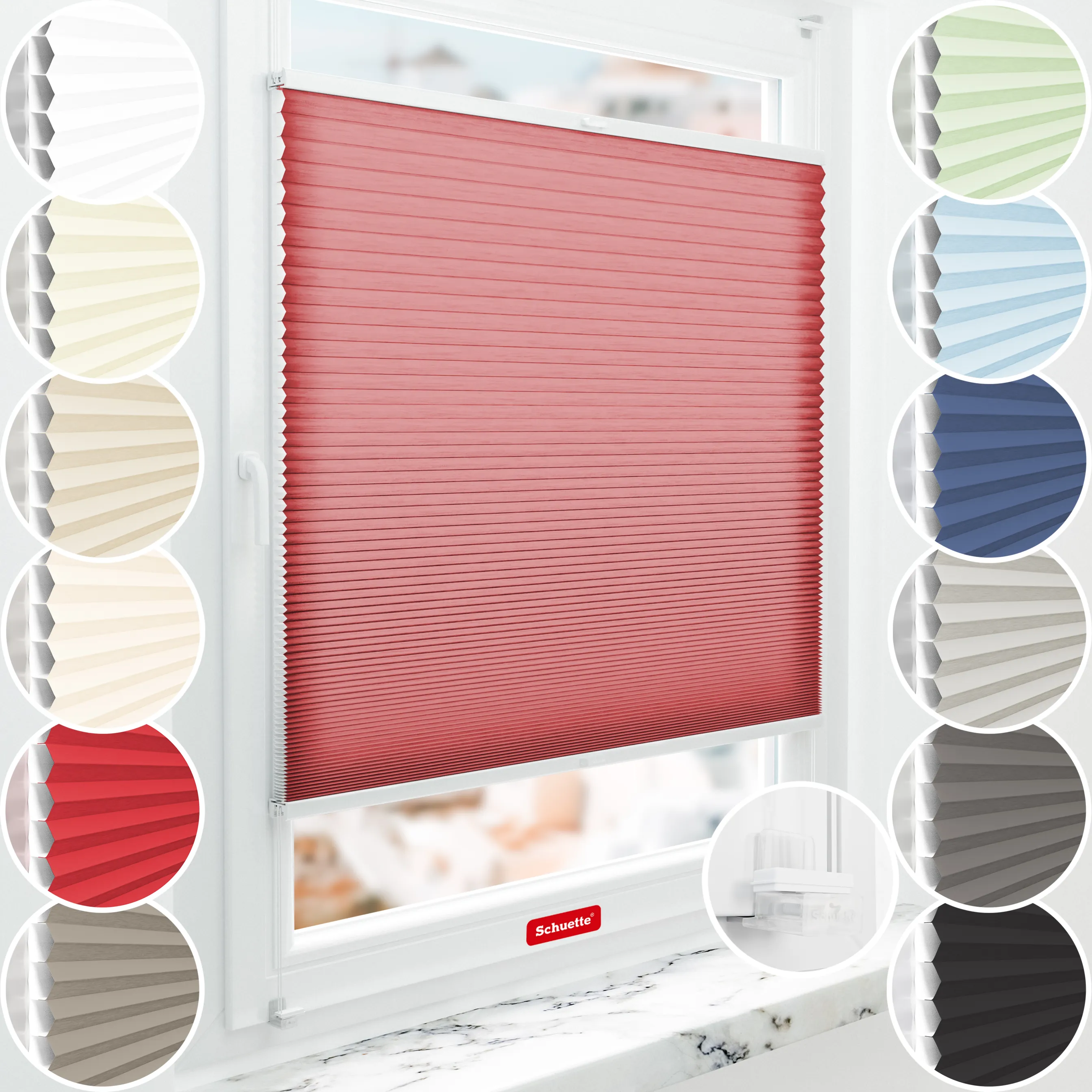 Schuette® Wabenplissee ohne Bohren nach Maß • Suprafix Klemmhalter “Incognito X" • Thermo x Honey Kollektion: Cherrished (Rot) • Profilfarbe: Braun