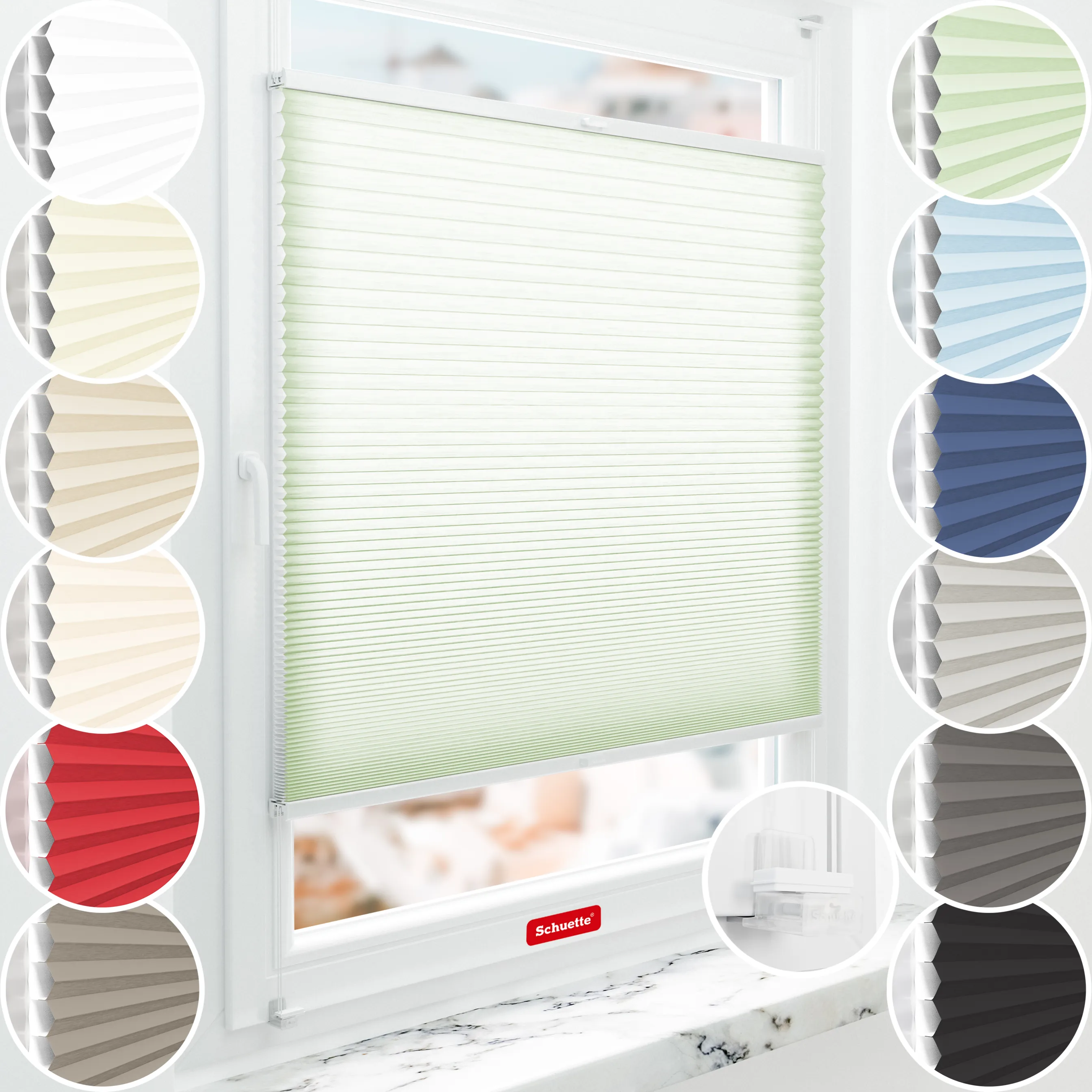 Schuette® Wabenplissee ohne Bohren nach Maß • Suprafix Klemmhalter “Incognito X" • Thermo x Honey Kollektion: Let’s Matcha! (Pastellgrün) • Profilfarbe: Anthrazit