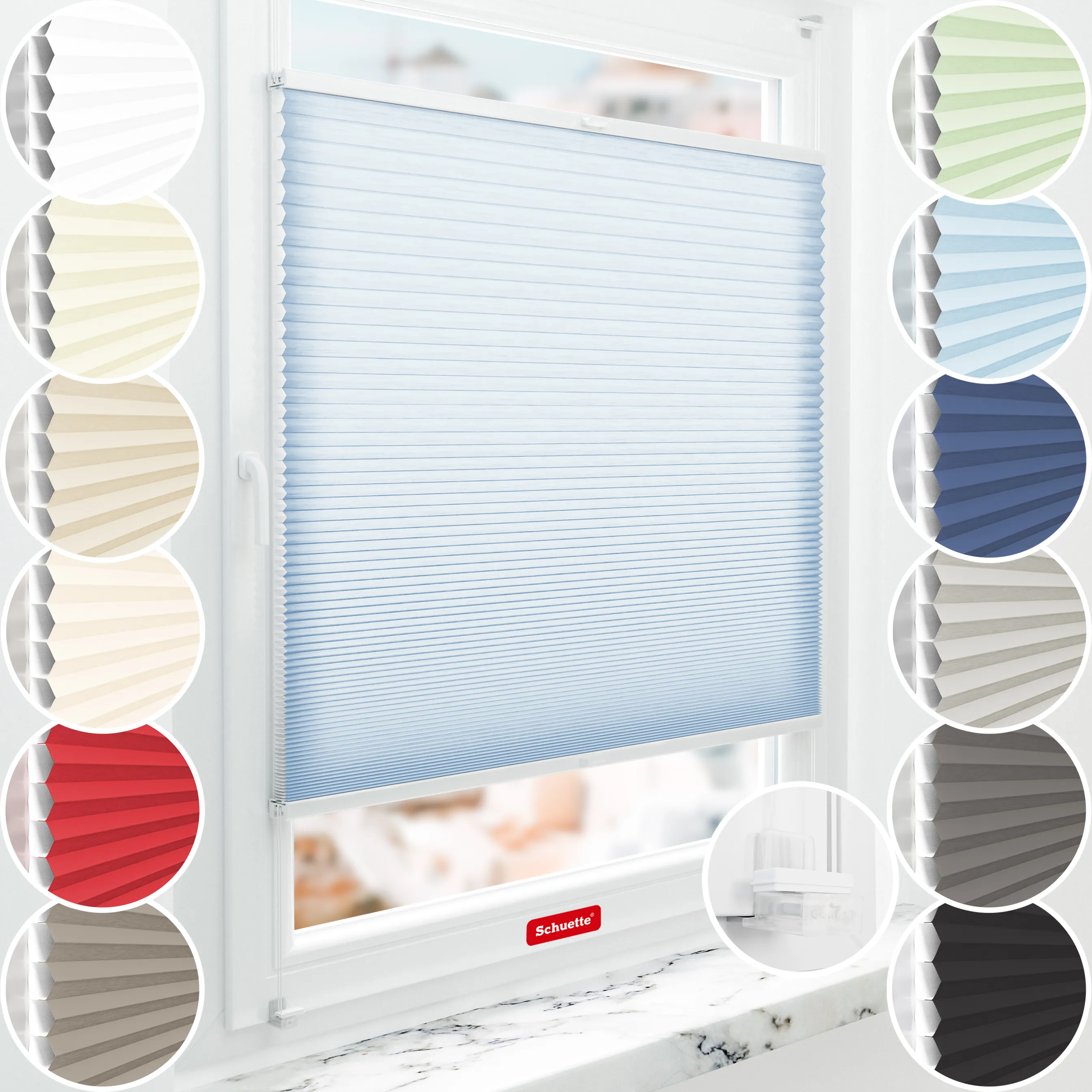 Schuette® Wabenplissee ohne Bohren nach Maß • Suprafix Klemmhalter “Incognito X" • Thermo x Honey Kollektion: Ice Pop (Hellblau) • Profilfarbe: Weiß