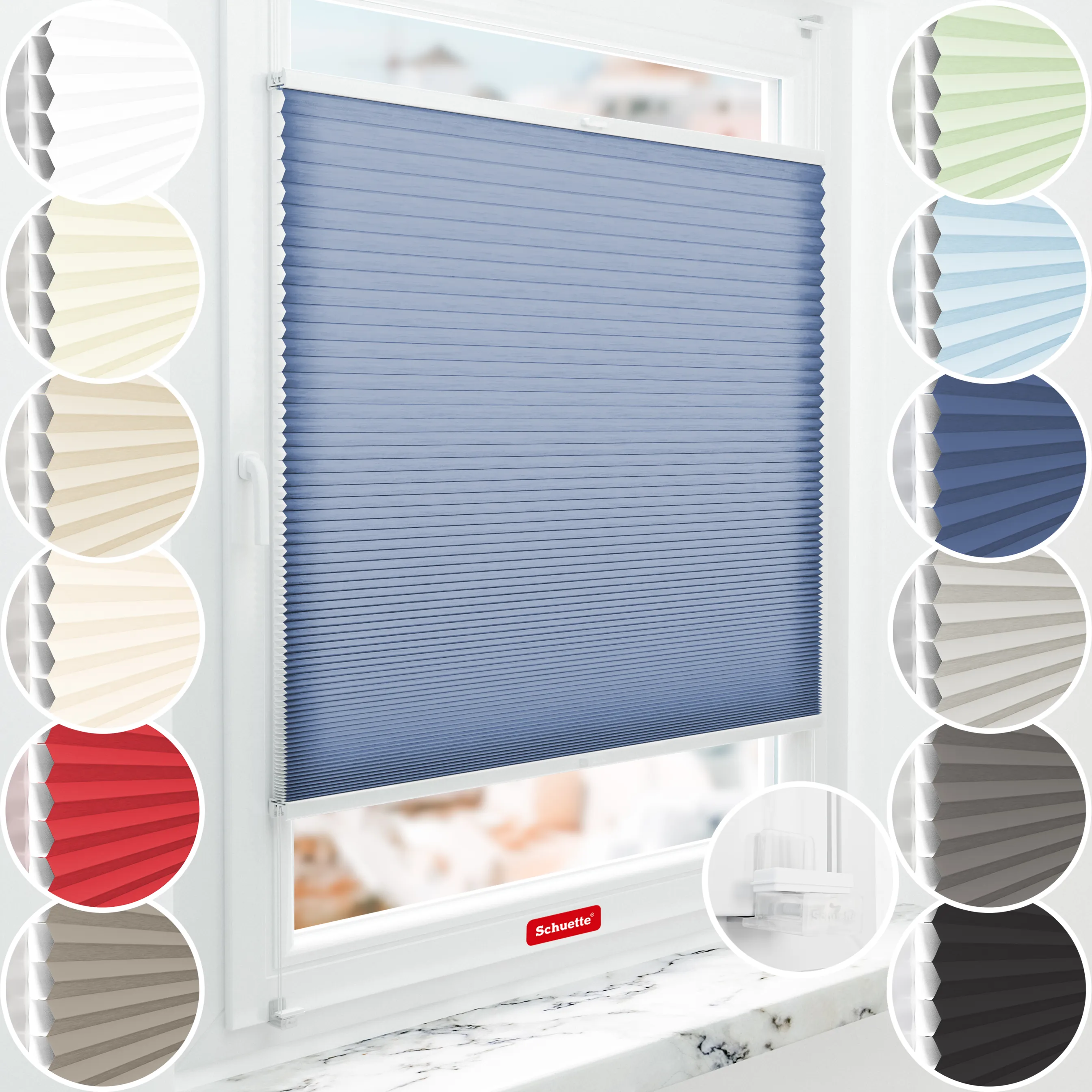 Schuette® Wabenplissee ohne Bohren nach Maß • Suprafix Klemmhalter “Incognito X" • Thermo x Honey Kollektion: Blue Velvet (Blau) • Profilfarbe: Weiß