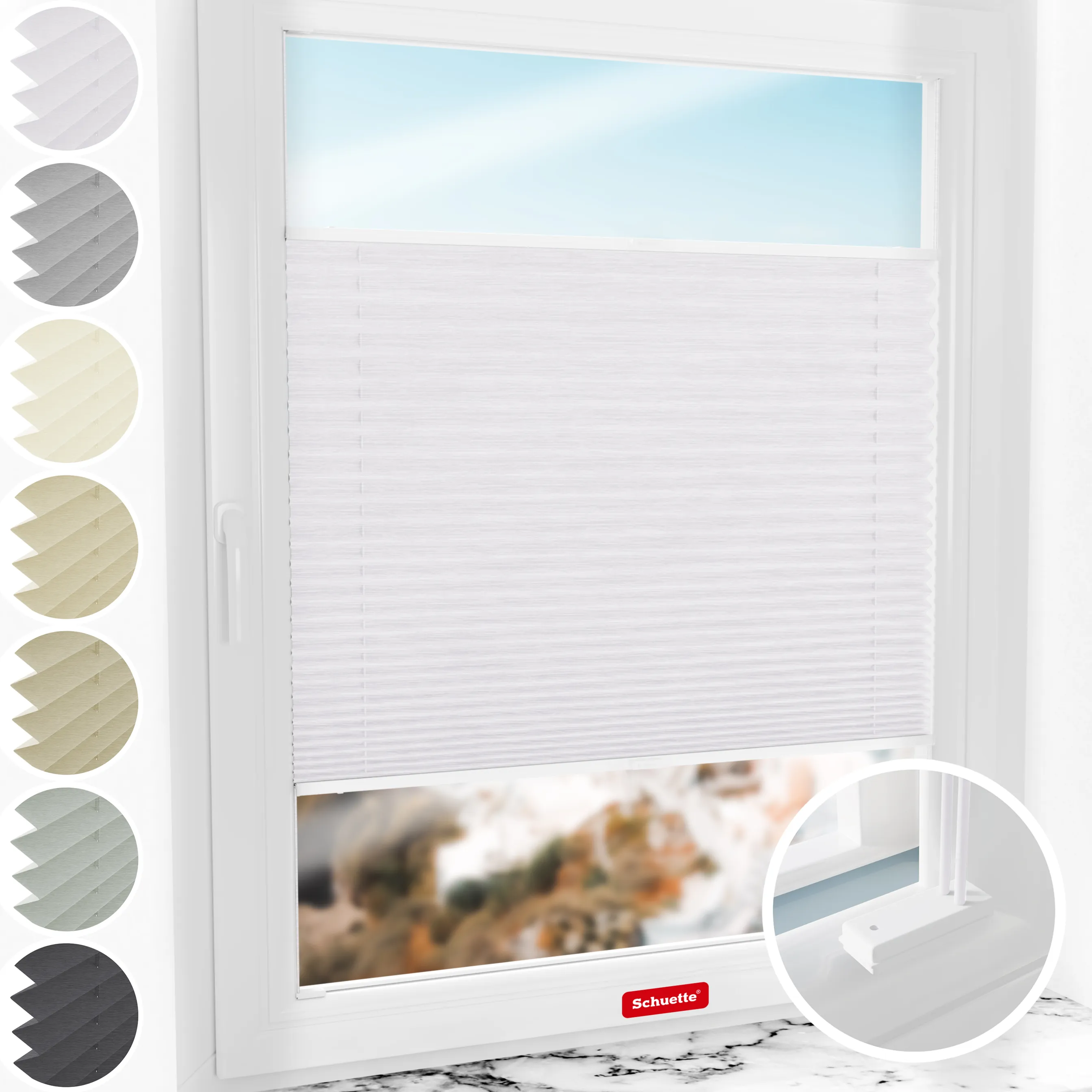 Schuette® Plissee mit Bohren nach Maß • Suprafix Halterungen “Mit Bohren” • Dolomite Kollektion: Cold Morning (Grau) • Profilfarbe: Weiß