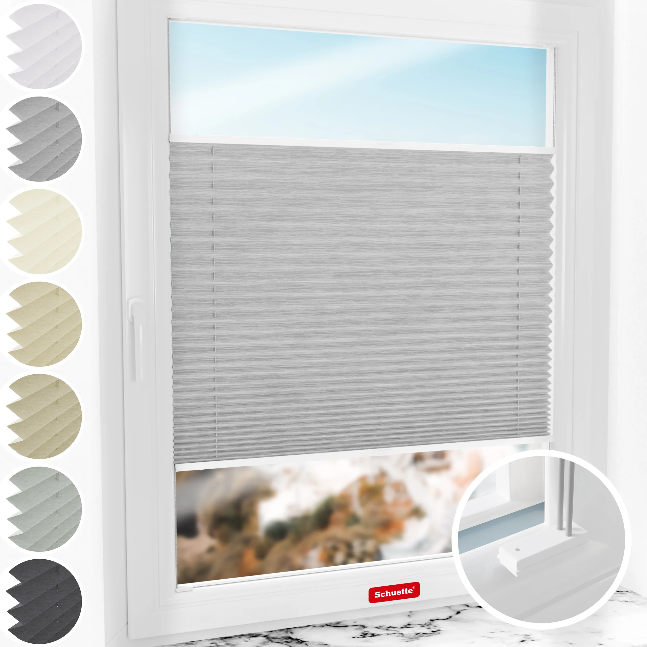 Schuette® Plissee mit Bohren nach Maß • Suprafix Halterungen “Mit Bohren” • Dolomite Kollektion: Storm Gray (Grau) • Profilfarbe: Weiß