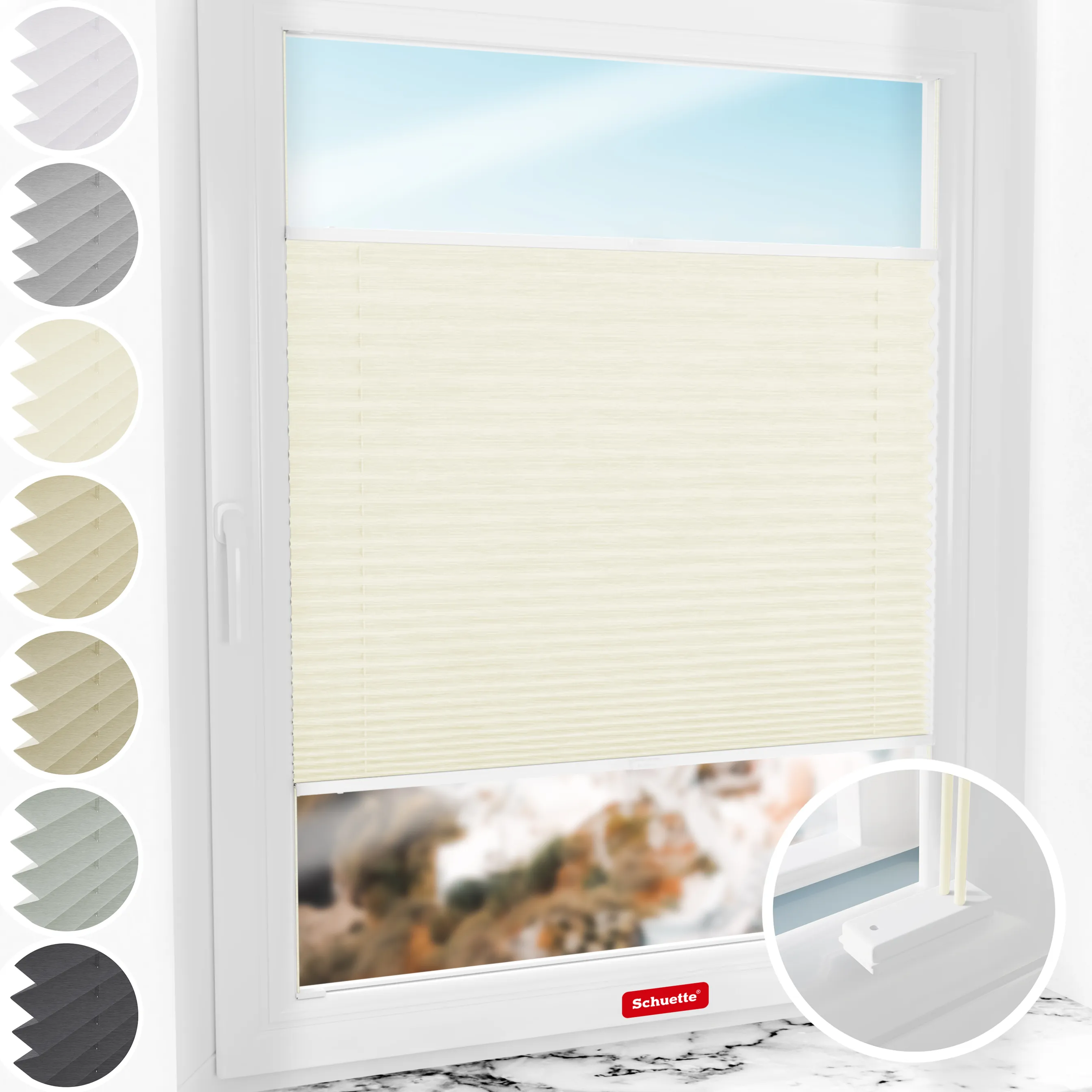 Schuette® Plissee mit Bohren nach Maß • Suprafix Halterungen “Mit Bohren” • Dolomite Kollektion: Vanilla Sky (Beige) • Profilfarbe: Weiß