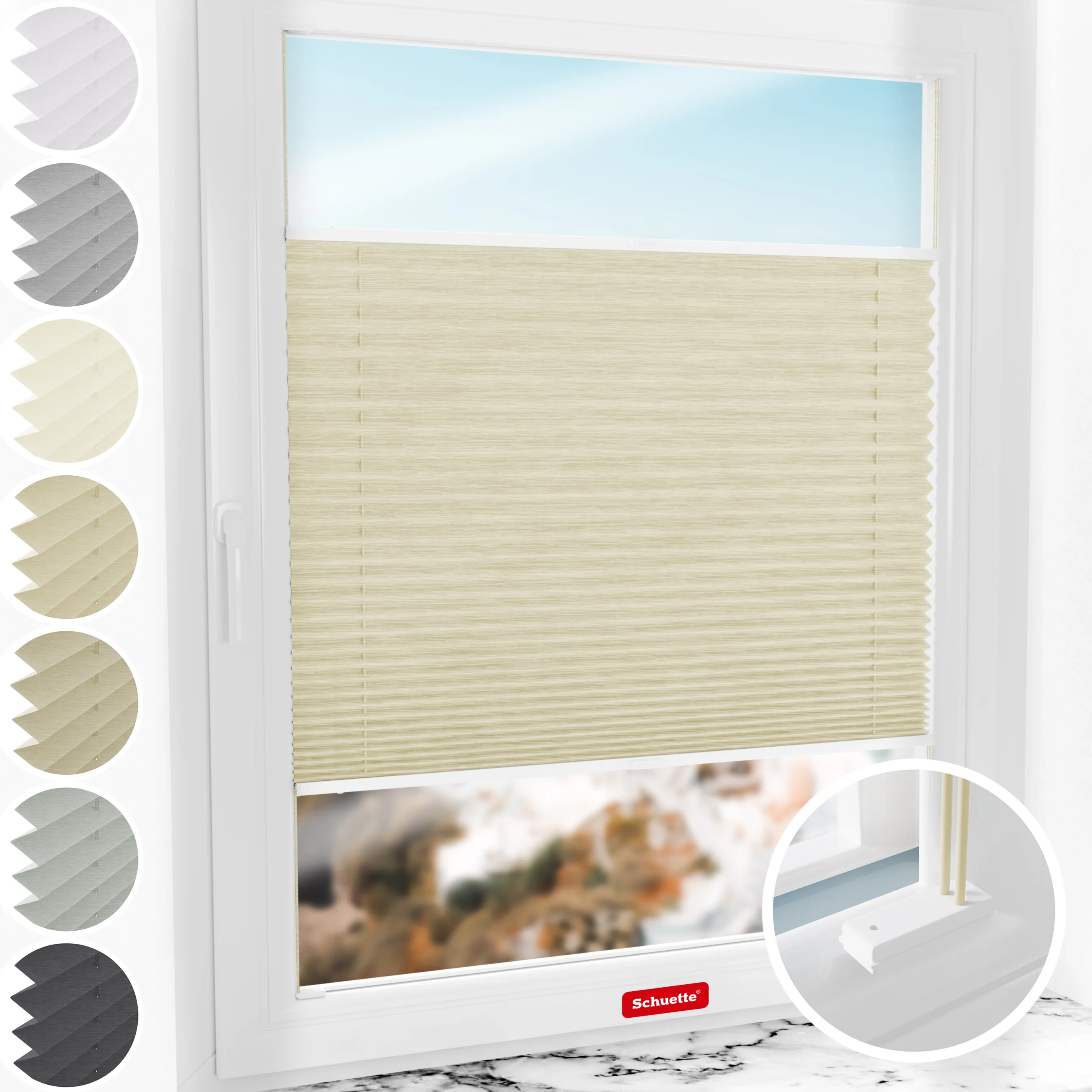 Schuette® Plissee mit Bohren nach Maß • Suprafix Halterungen “Mit Bohren” • Dolomite Kollektion: Wet Stand (Beige) • Profilfarbe: Weiß