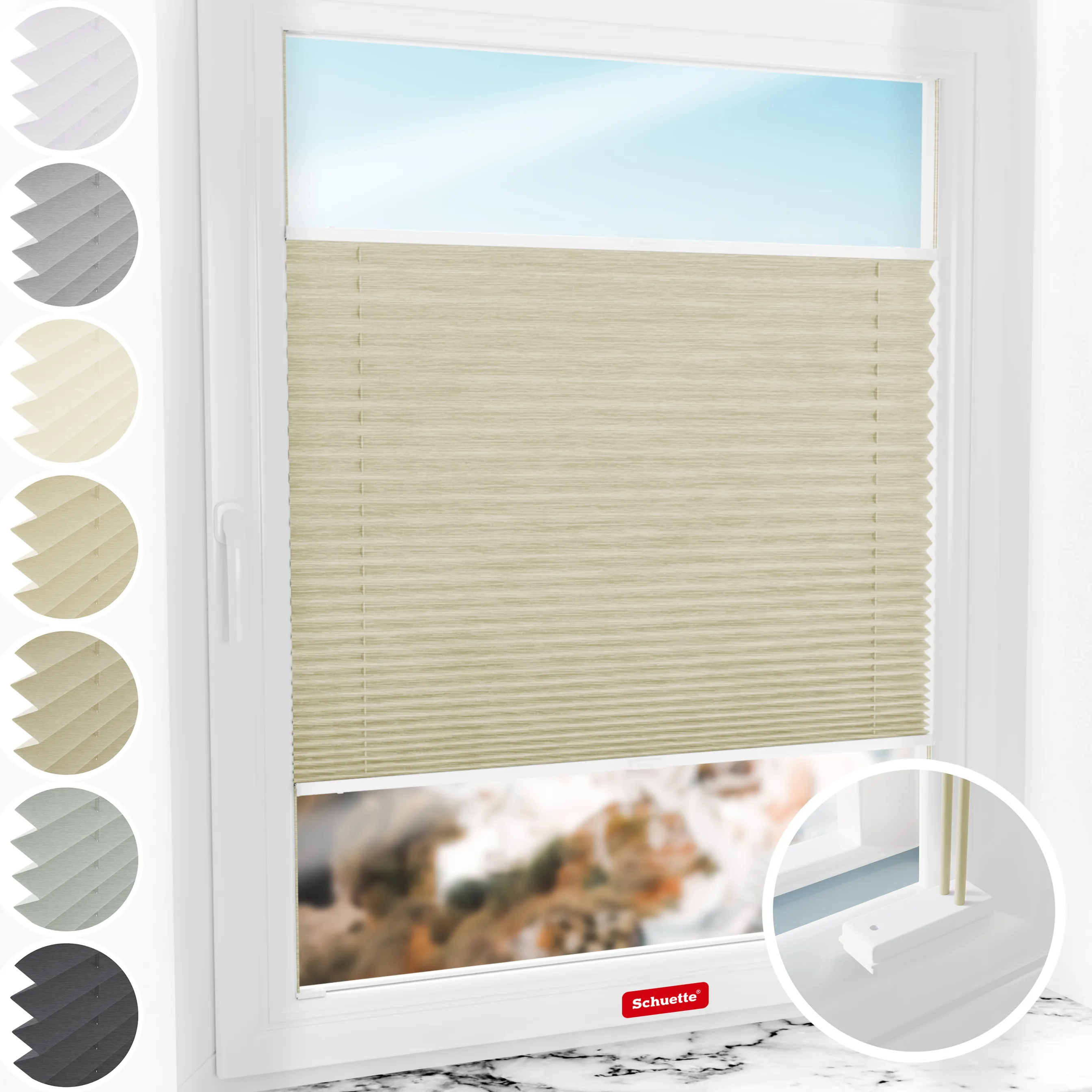 Schuette® Plissee mit Bohren nach Maß • Suprafix Halterungen “Mit Bohren” • Dolomite Kollektion: Light Coffee (Beige) • Profilfarbe: Weiß