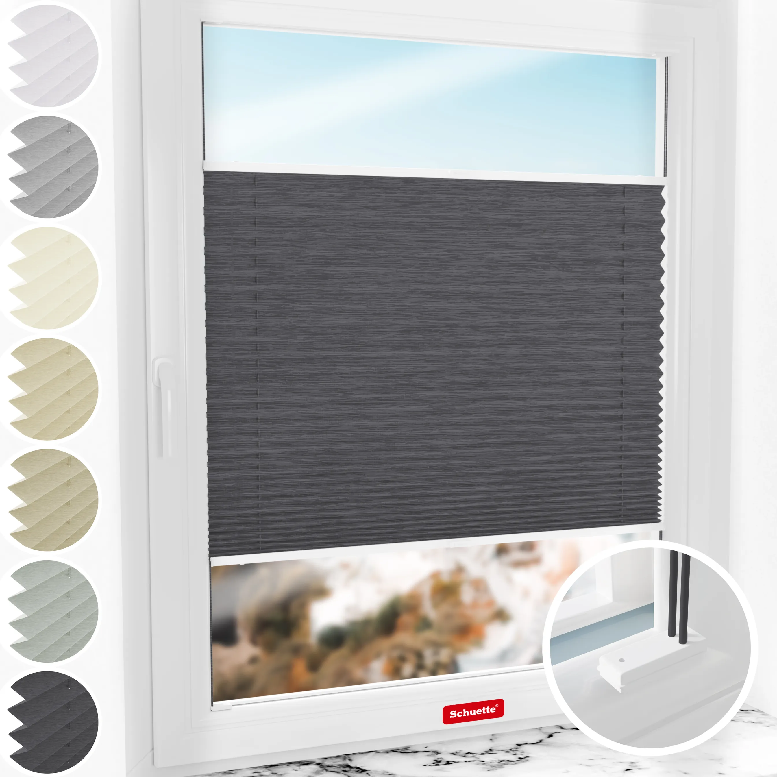 Schuette® Plissee mit Bohren nach Maß • Suprafix Halterungen “Mit Bohren” • Dolomite Kollektion: Dark Vintage (Grau) • Profilfarbe: Weiß