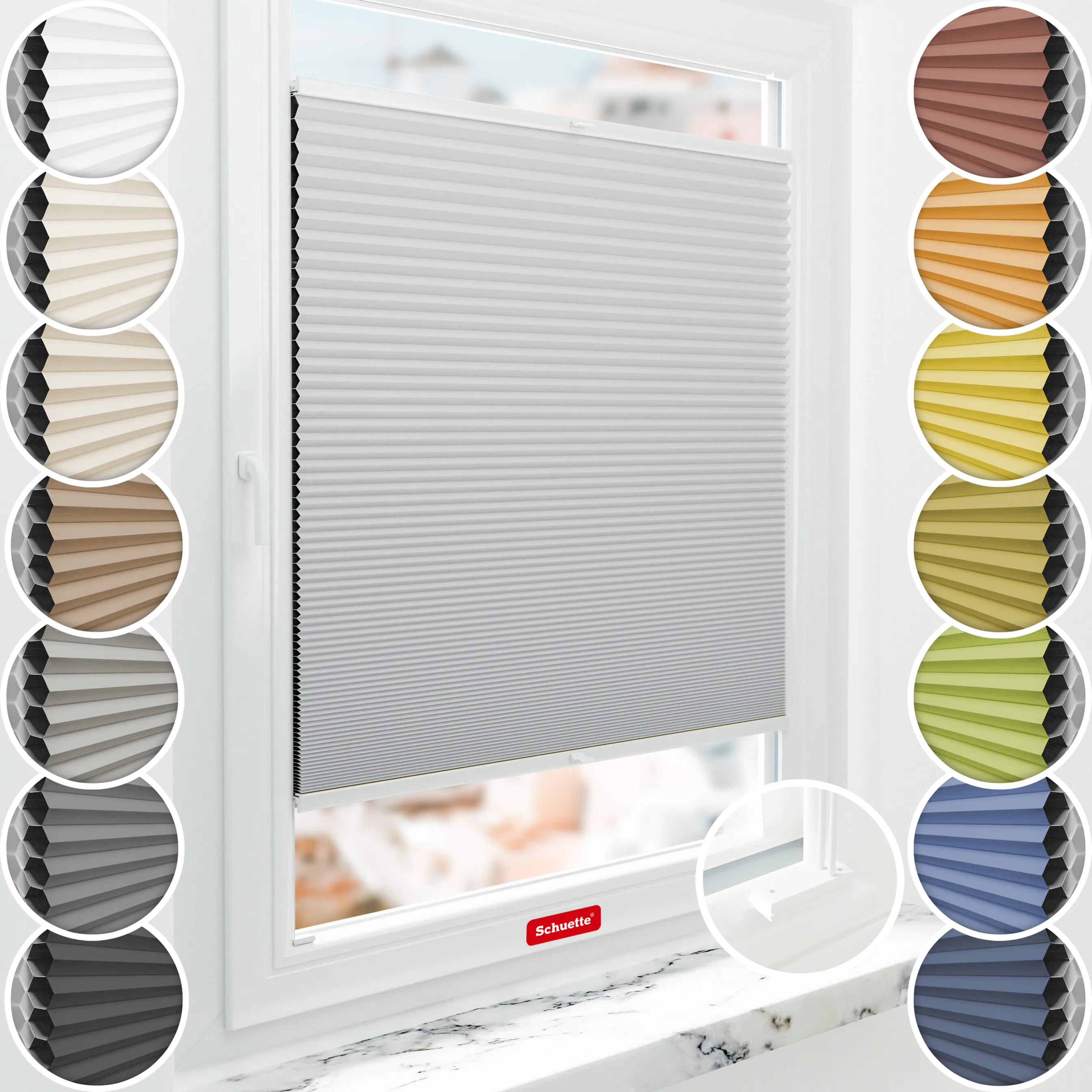 Schuette® Wabenplissee mit Bohren nach Maß • Suprafix Halterungen “Mit Bohren” • Honey Kollektion: Skyfall (Hellgrau) • Profilfarbe: Weiß