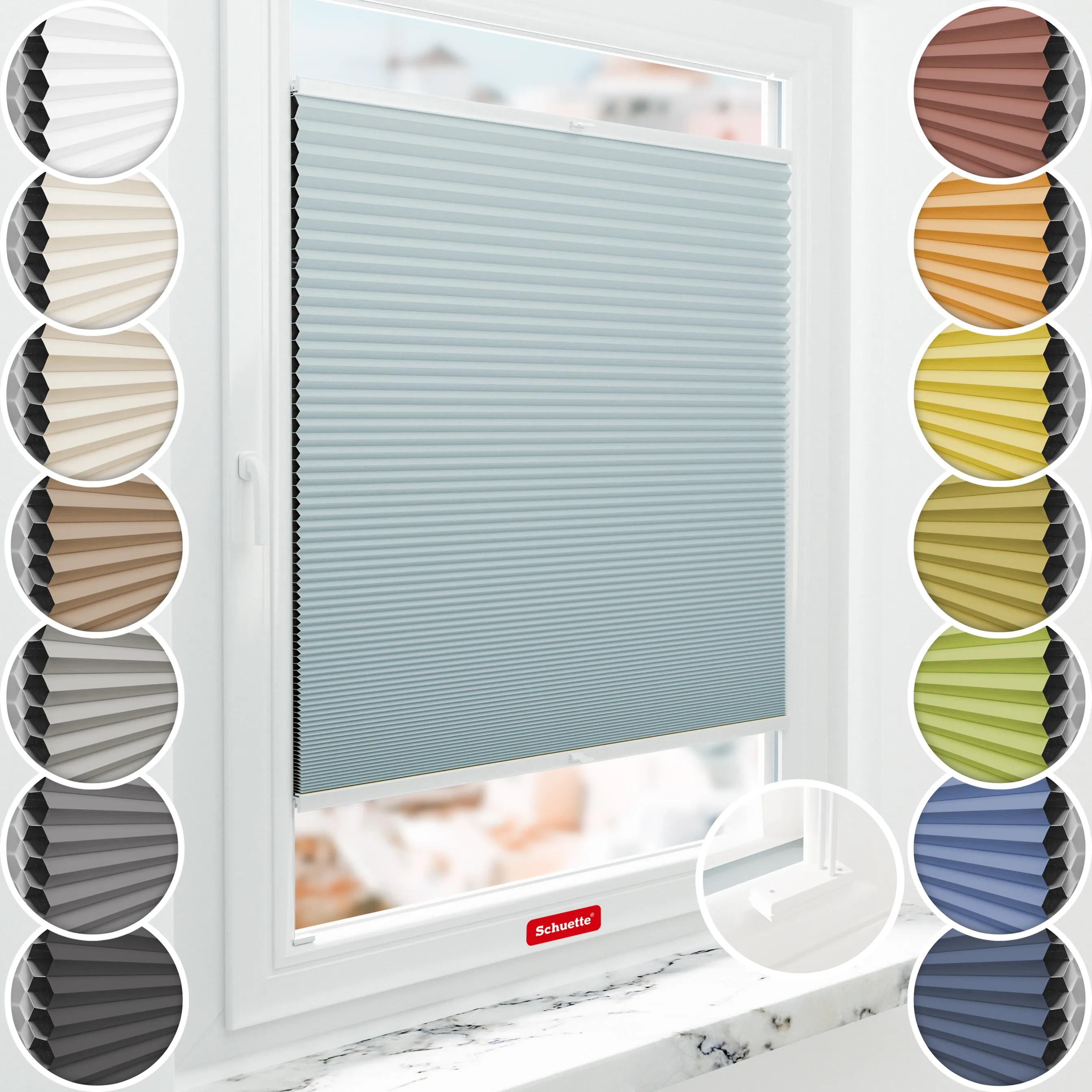 Schuette® Wabenplissee mit Bohren nach Maß • Suprafix Halterungen “Mit Bohren” • Honey Kollektion: Cloud Nine (Pastellblau) • Profilfarbe: Weiß