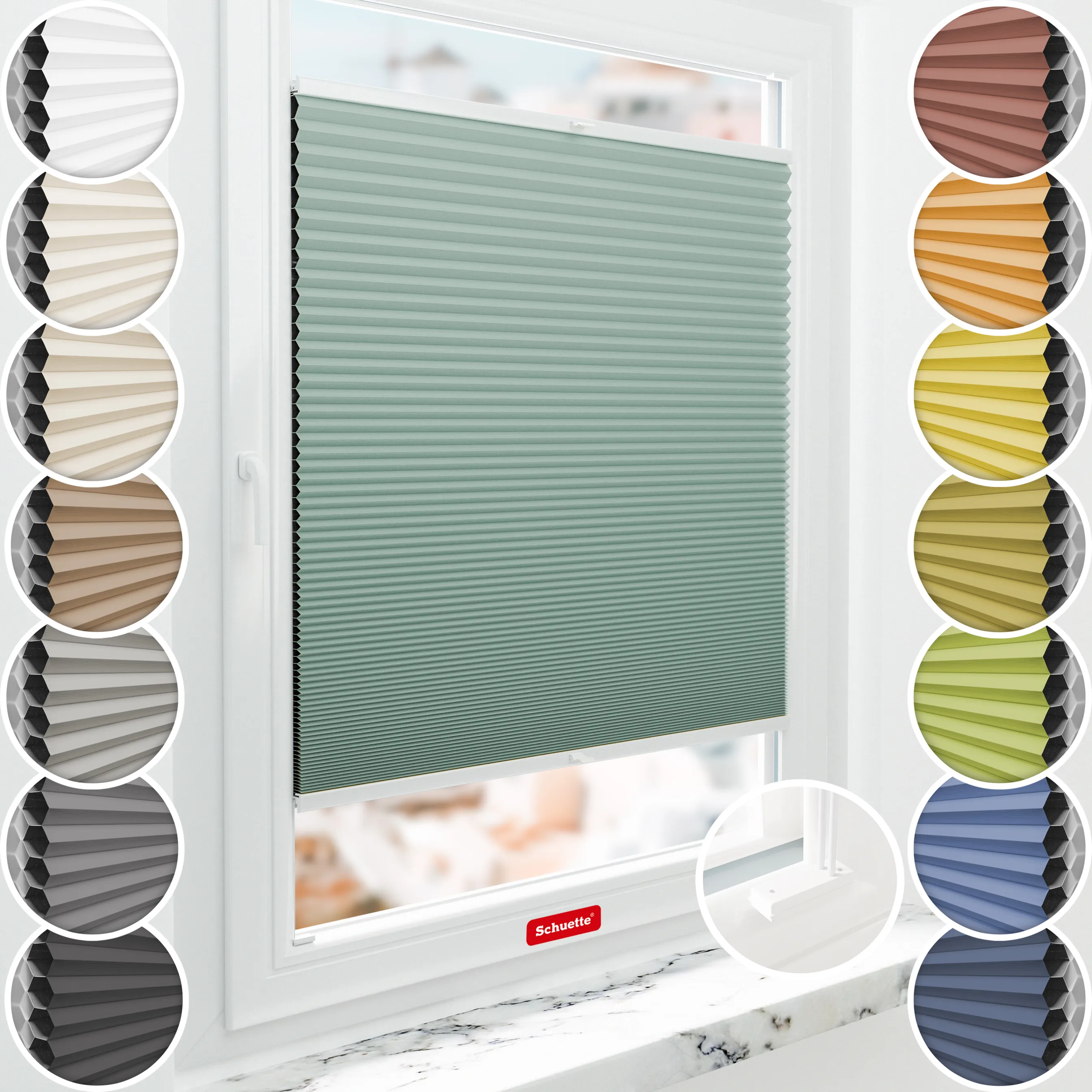 Schuette® Wabenplissee mit Bohren nach Maß • Suprafix Halterungen “Mit Bohren” • Honey Kollektion: Wicked Emerald (Blassgrün) • Profilfarbe: Weiß