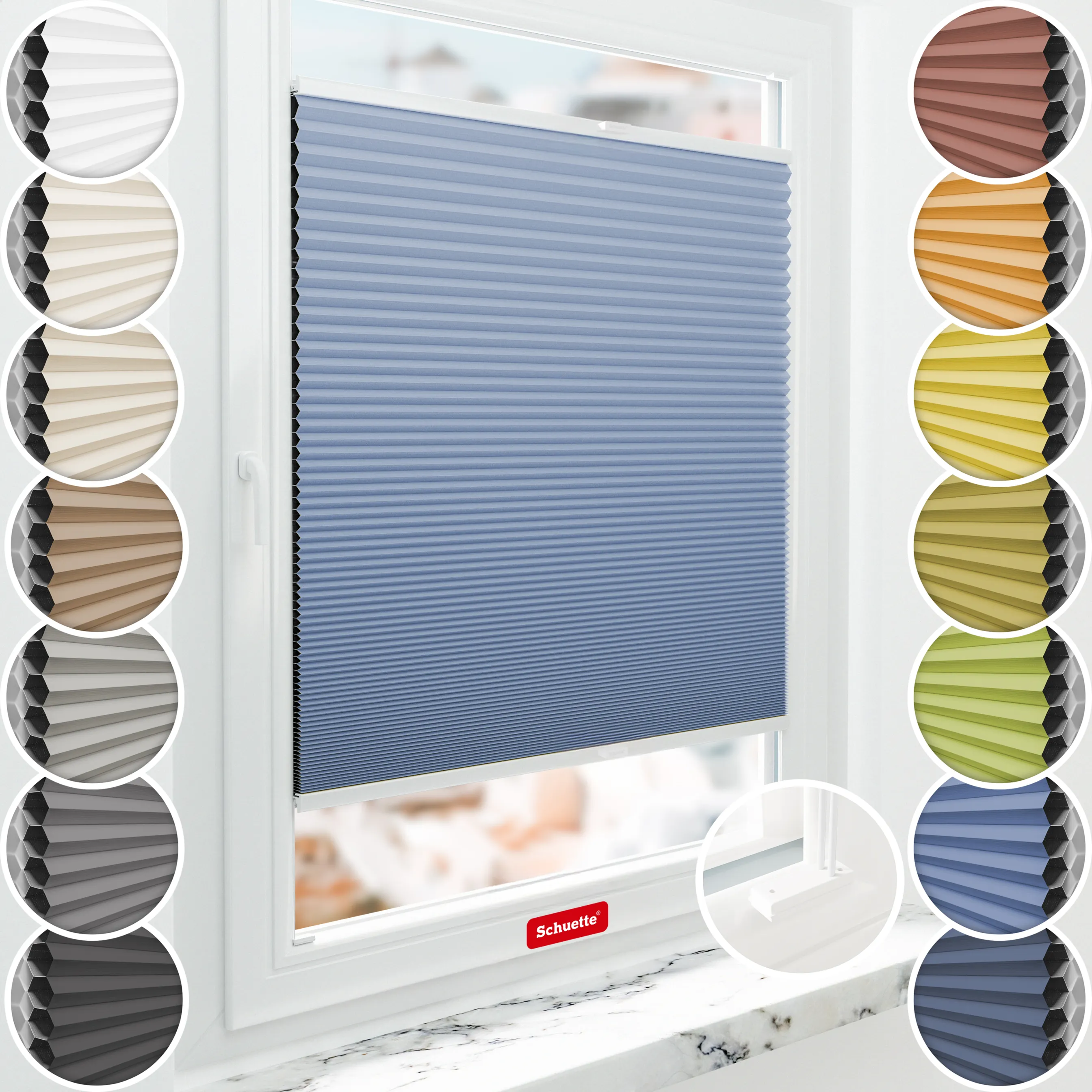 Schuette® Wabenplissee mit Bohren nach Maß • Suprafix Halterungen “Mit Bohren” • Honey Kollektion: Ocean Drive (Hellblau) • Profilfarbe: Weiß