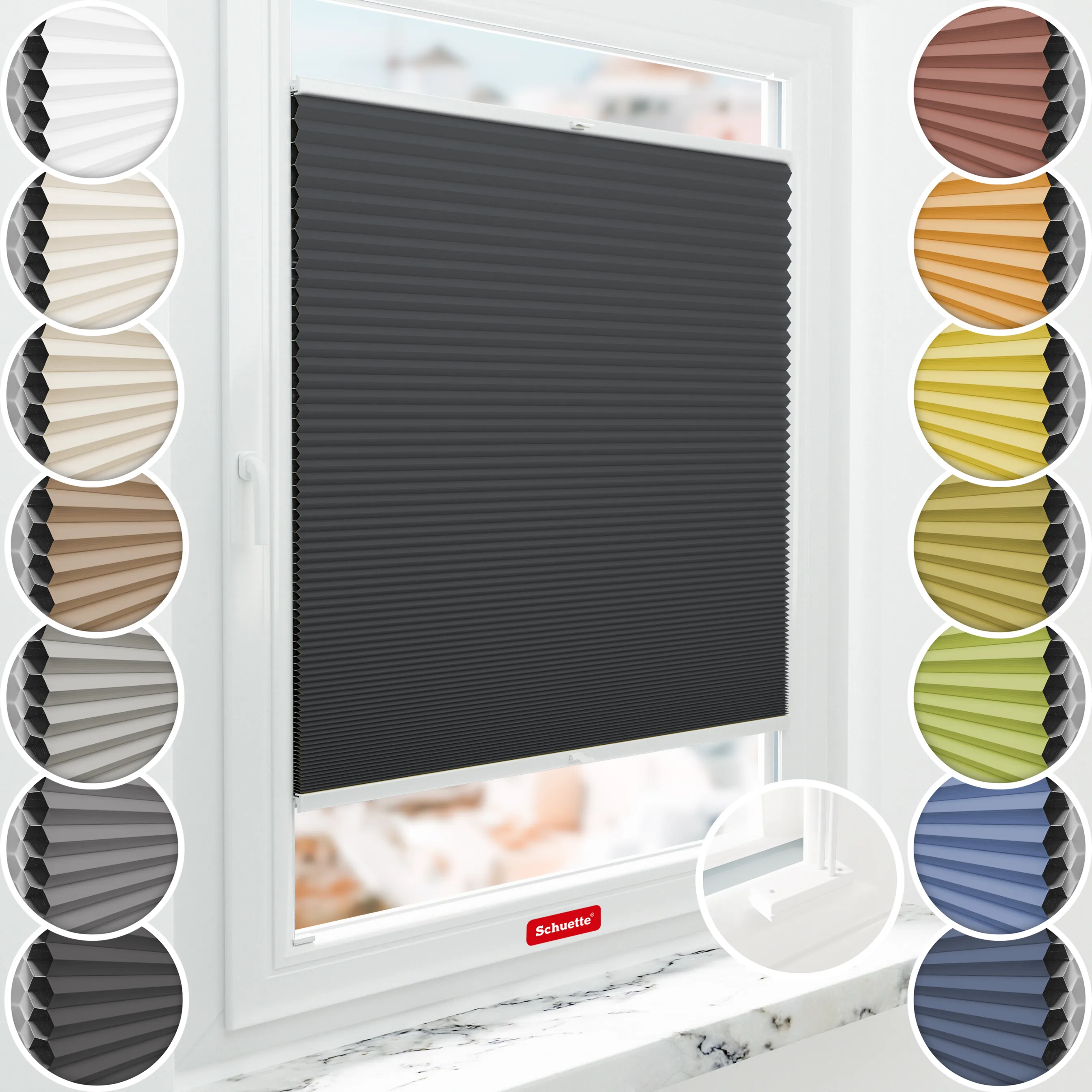 Schuette® Wabenplissee mit Bohren nach Maß • Suprafix Halterungen “Mit Bohren” • Honey Kollektion: Night Rider (Anthrazit) • Profilfarbe: Weiß