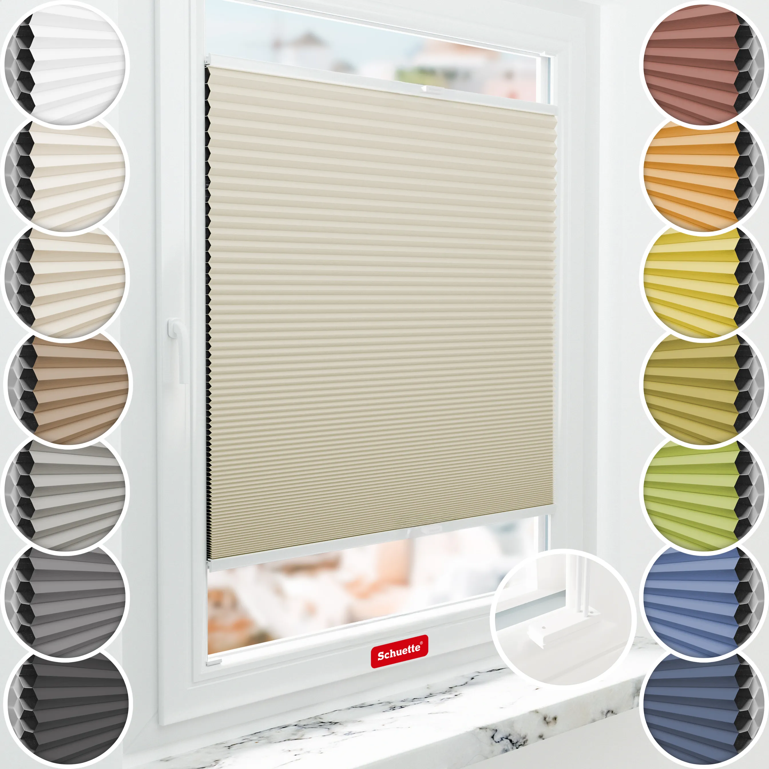 Schuette® Wabenplissee mit Bohren nach Maß • Suprafix Halterungen “Mit Bohren” • Honey Kollektion: Belgian Waffle (Creme) • Profilfarbe: Weiß