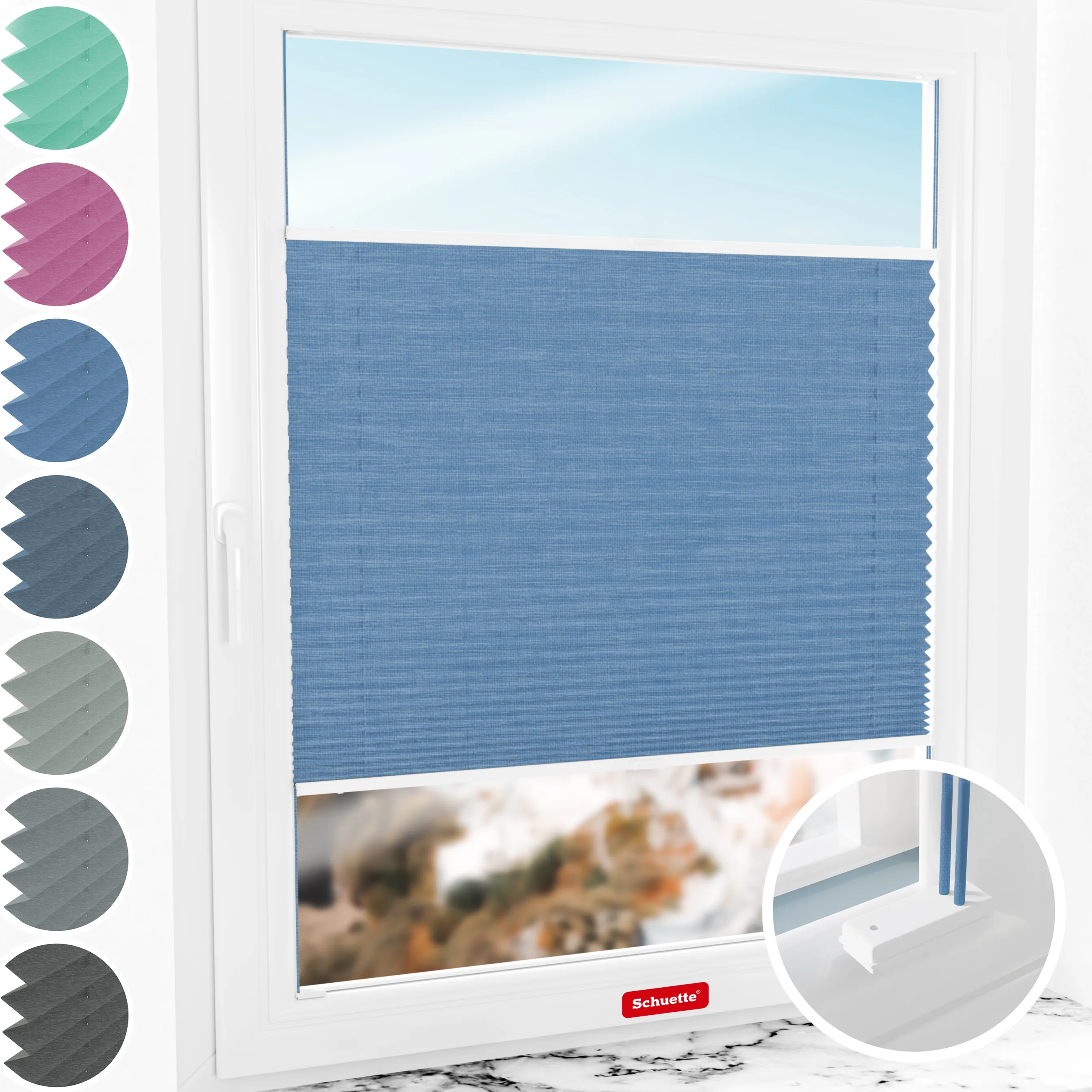 Schuette® Plissee mit Bohren nach Maß • Suprafix Halterungen “Mit Bohren” • Melange Kollektion: Deep Sea (Blau) • Profilfarbe: Weiß