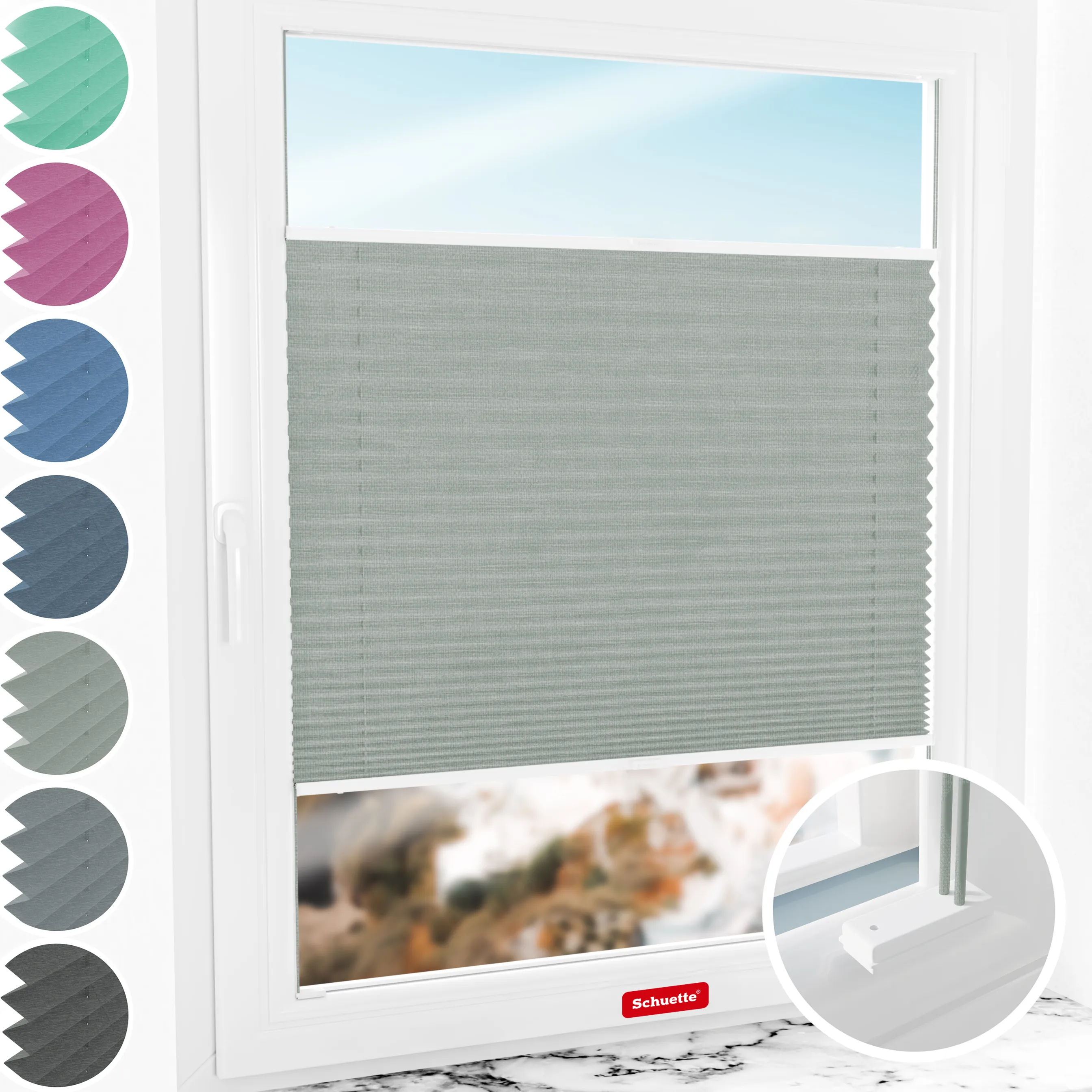 Schuette® Plissee mit Bohren nach Maß • Suprafix Halterungen “Mit Bohren” • Melange Kollektion: On The Road (Grau) • Profilfarbe: Weiß