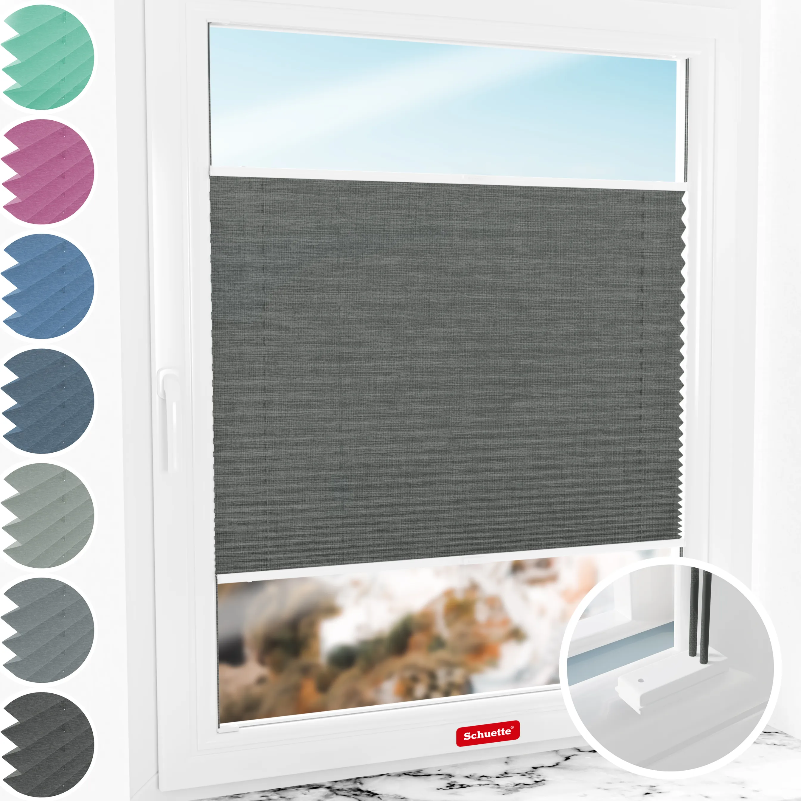 Schuette® Plissee mit Bohren nach Maß • Suprafix Halterungen “Mit Bohren” • Melange Kollektion: Black Pearl (Schwarz) • Profilfarbe: Weiß