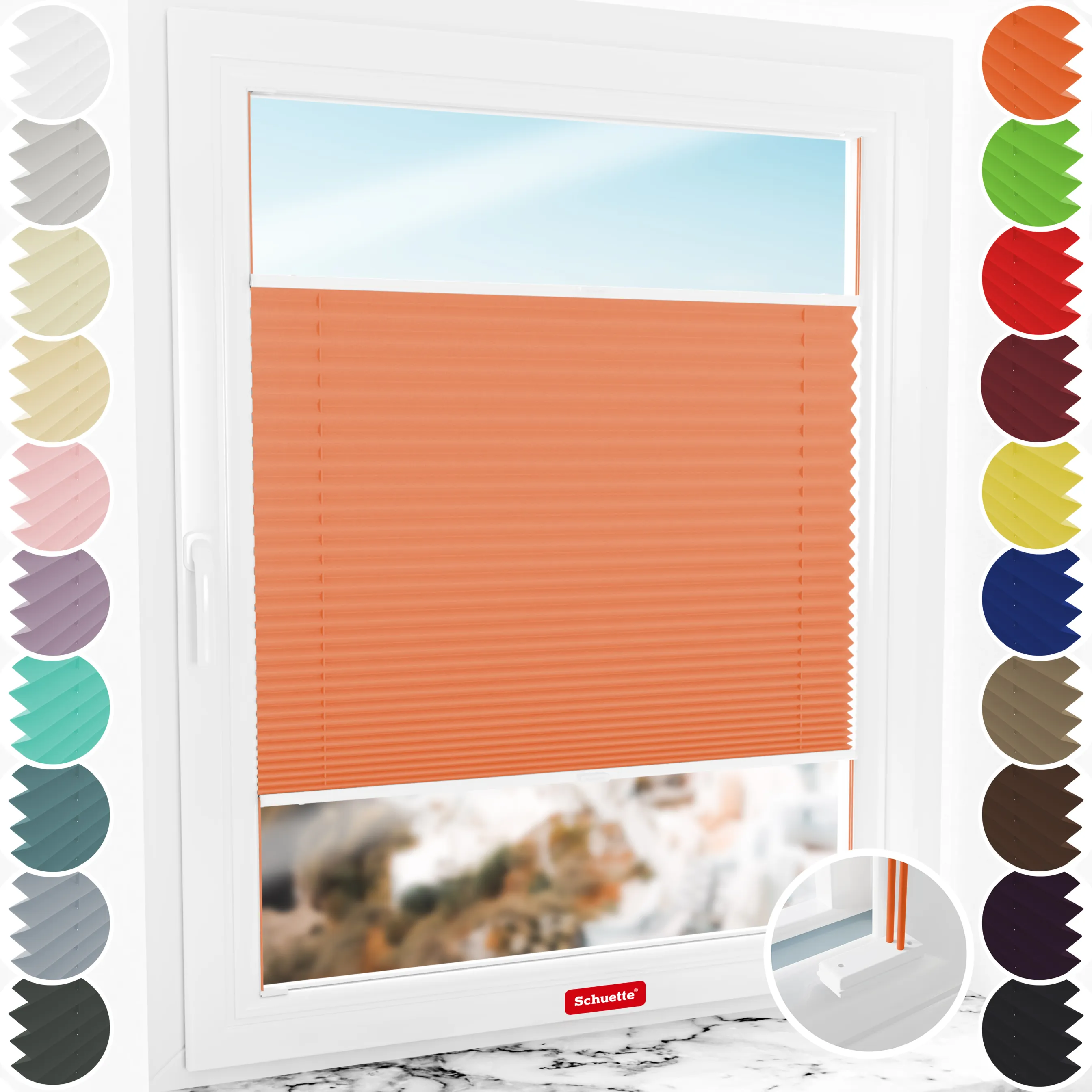 Schuette® Plissee mit Bohren nach Maß • Suprafix Halterungen “Mit Bohren” • Premium Kollektion: Sunset (Orange) • Profilfarbe: Weiß