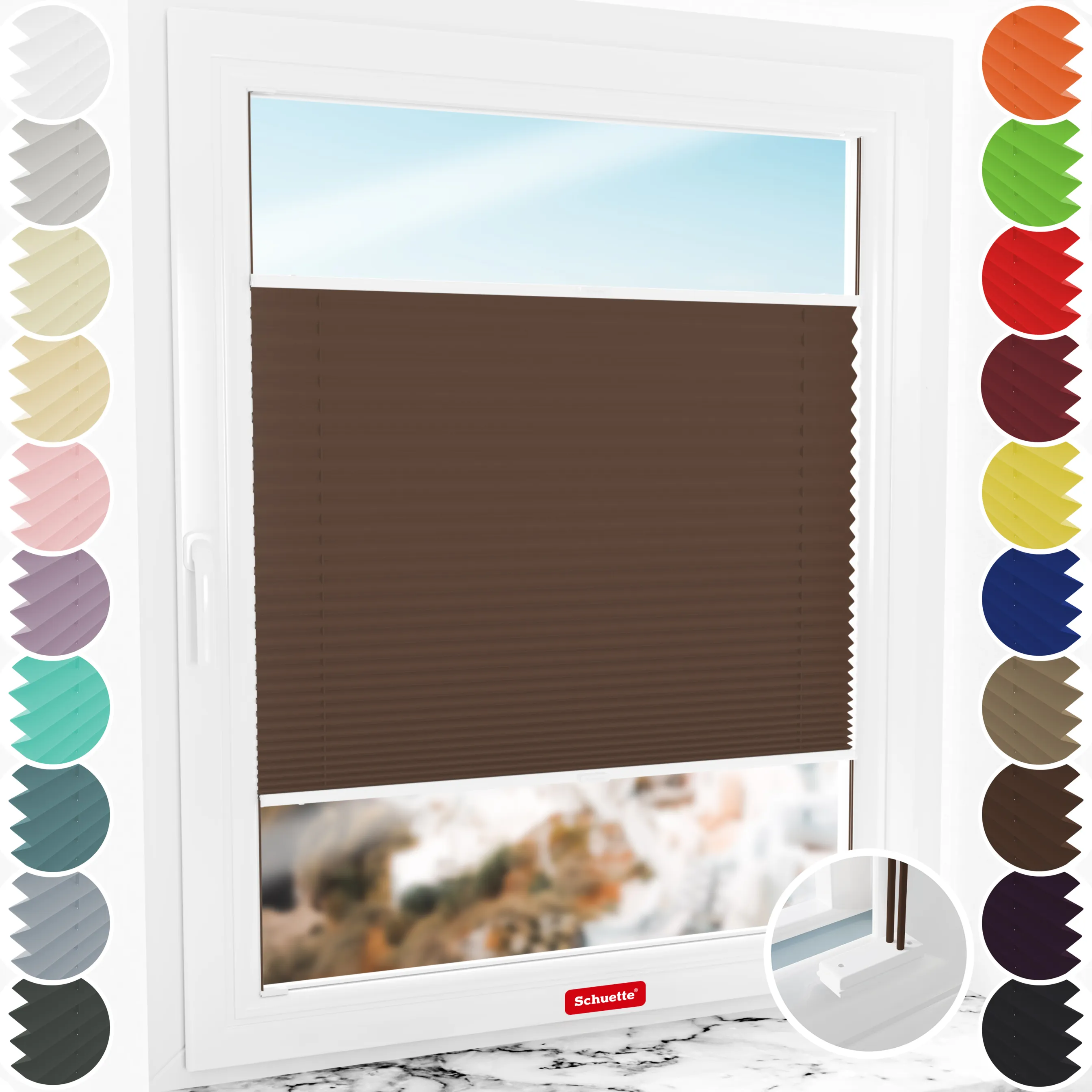 Schuette® Plissee mit Bohren nach Maß • Suprafix Halterungen “Mit Bohren” • Premium Kollektion: Hot Chocolate (Dunkelbraun) • Profilfarbe: Weiß