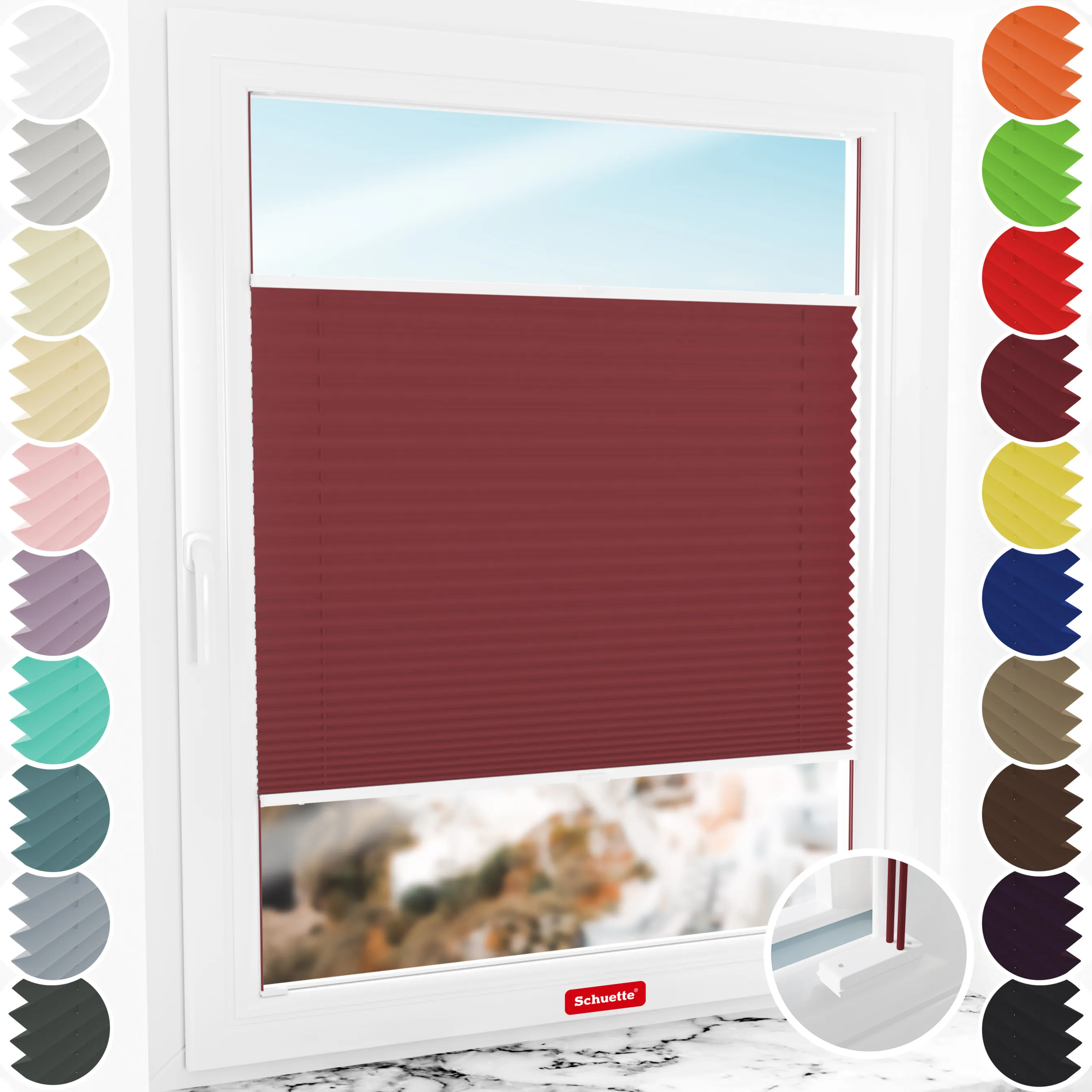 Schuette® Plissee mit Bohren nach Maß • Suprafix Halterungen “Mit Bohren” • Premium Kollektion: Ruby Riddle (Dunkelrot) • Profilfarbe: Weiß