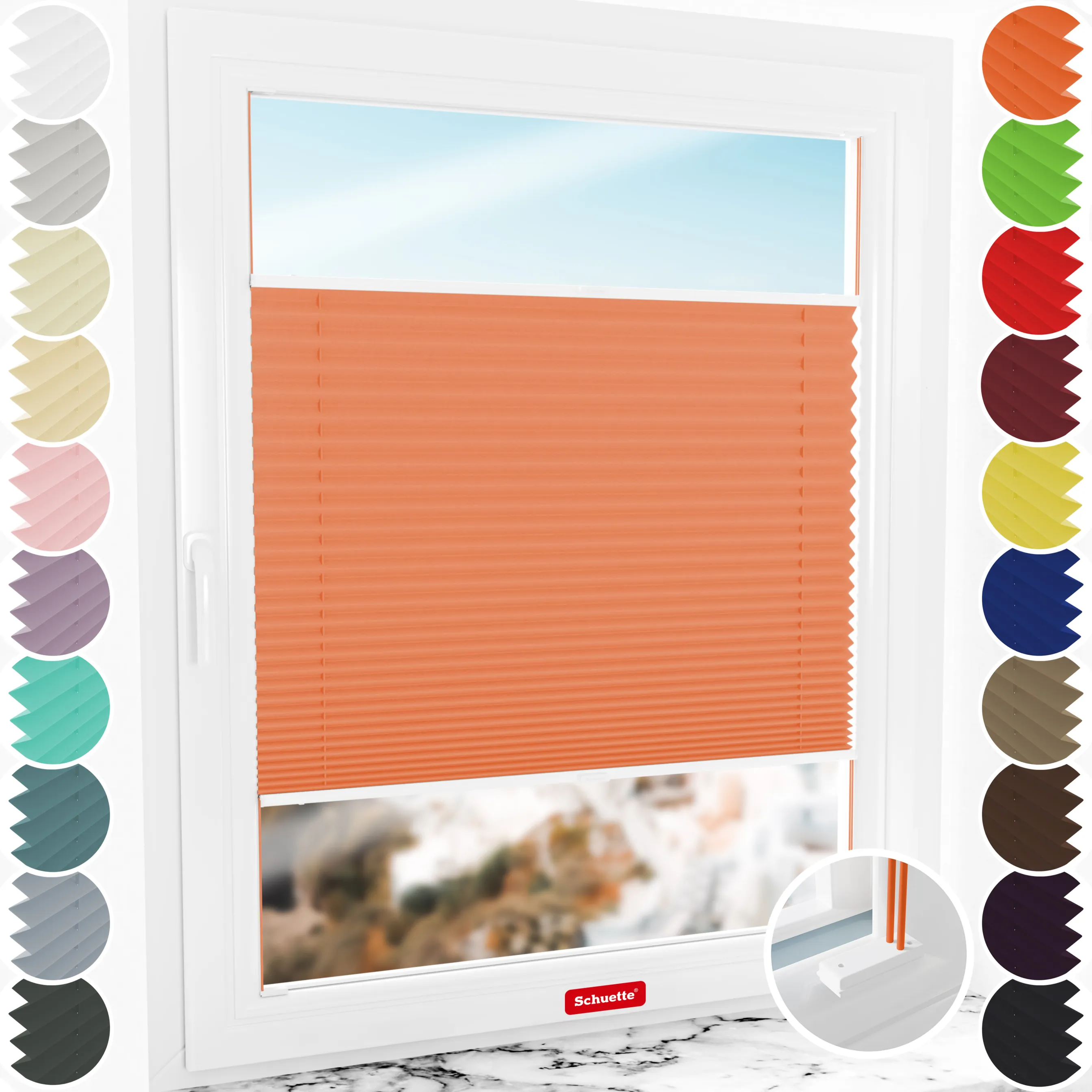 Schuette® Plissee mit Bohren nach Maß • Suprafix Halterungen “Mit Bohren” • Thermo Kollektion: Peach (Orange) • Profilfarbe: Weiß