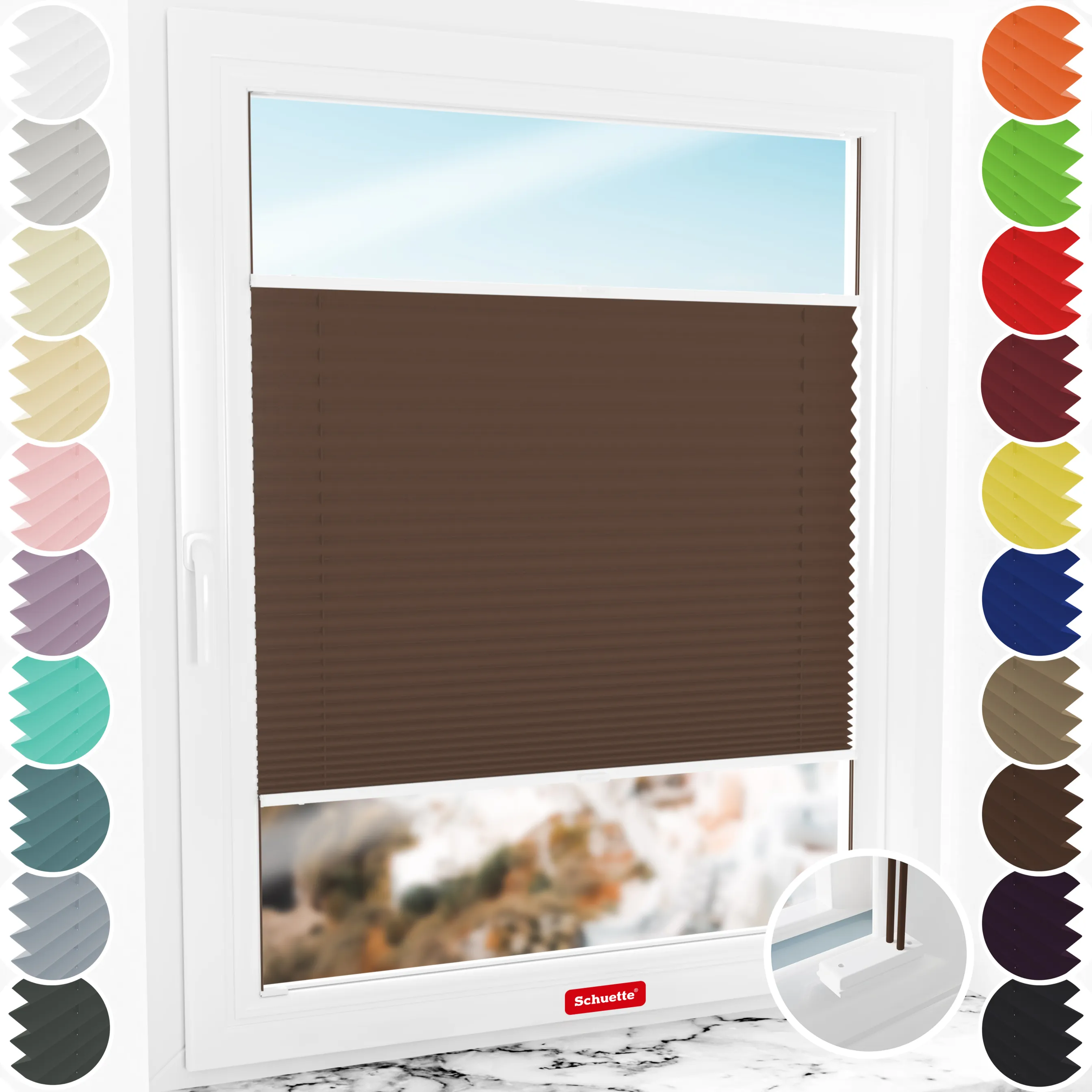 Schuette® Plissee mit Bohren nach Maß • Suprafix Halterungen “Mit Bohren” • Thermo Kollektion: Toffee (Dunkelbraun) • Profilfarbe: Weiß