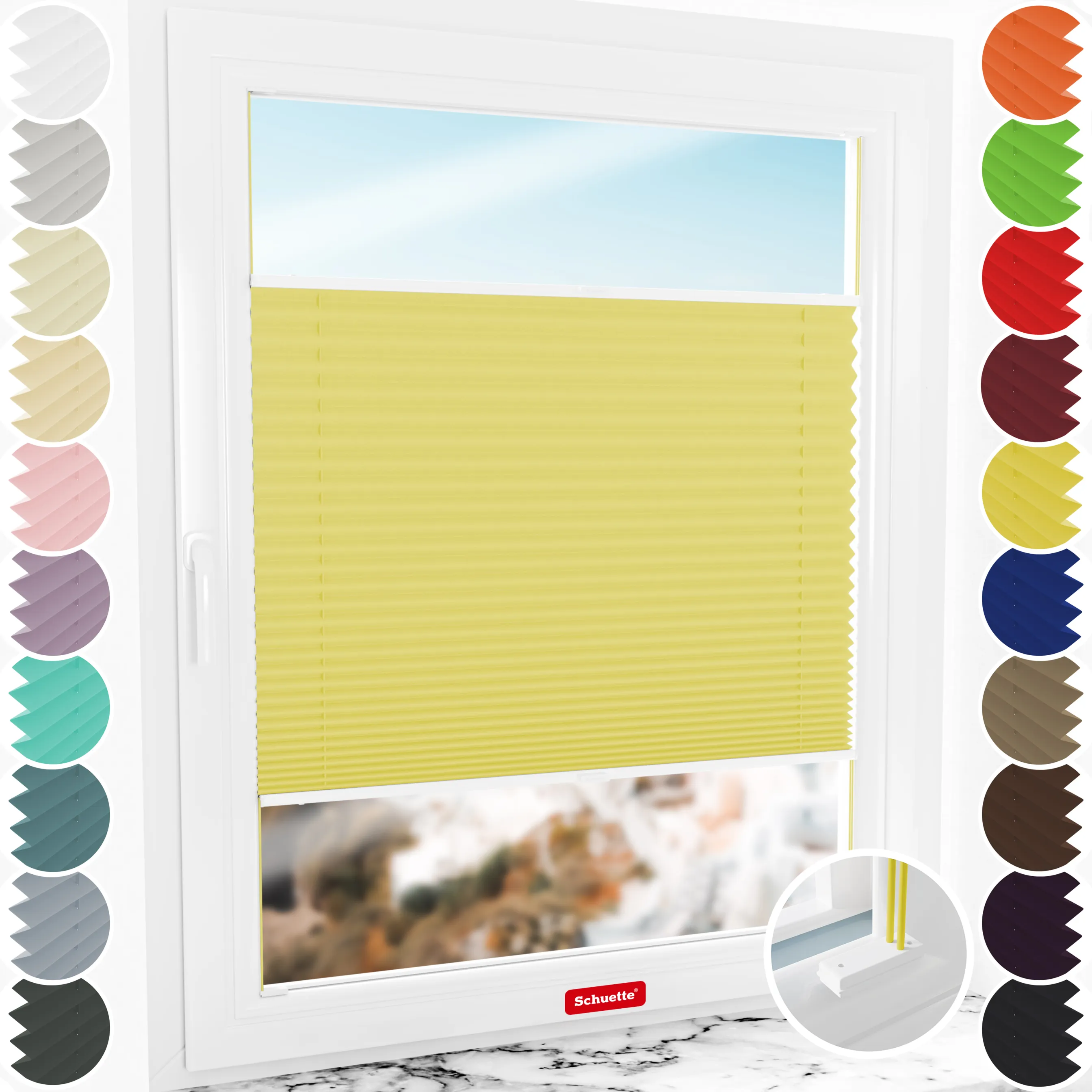 Schuette® Plissee mit Bohren nach Maß • Suprafix Halterungen “Mit Bohren” • Thermo Kollektion: Sunflower (Gelb) • Profilfarbe: Weiß