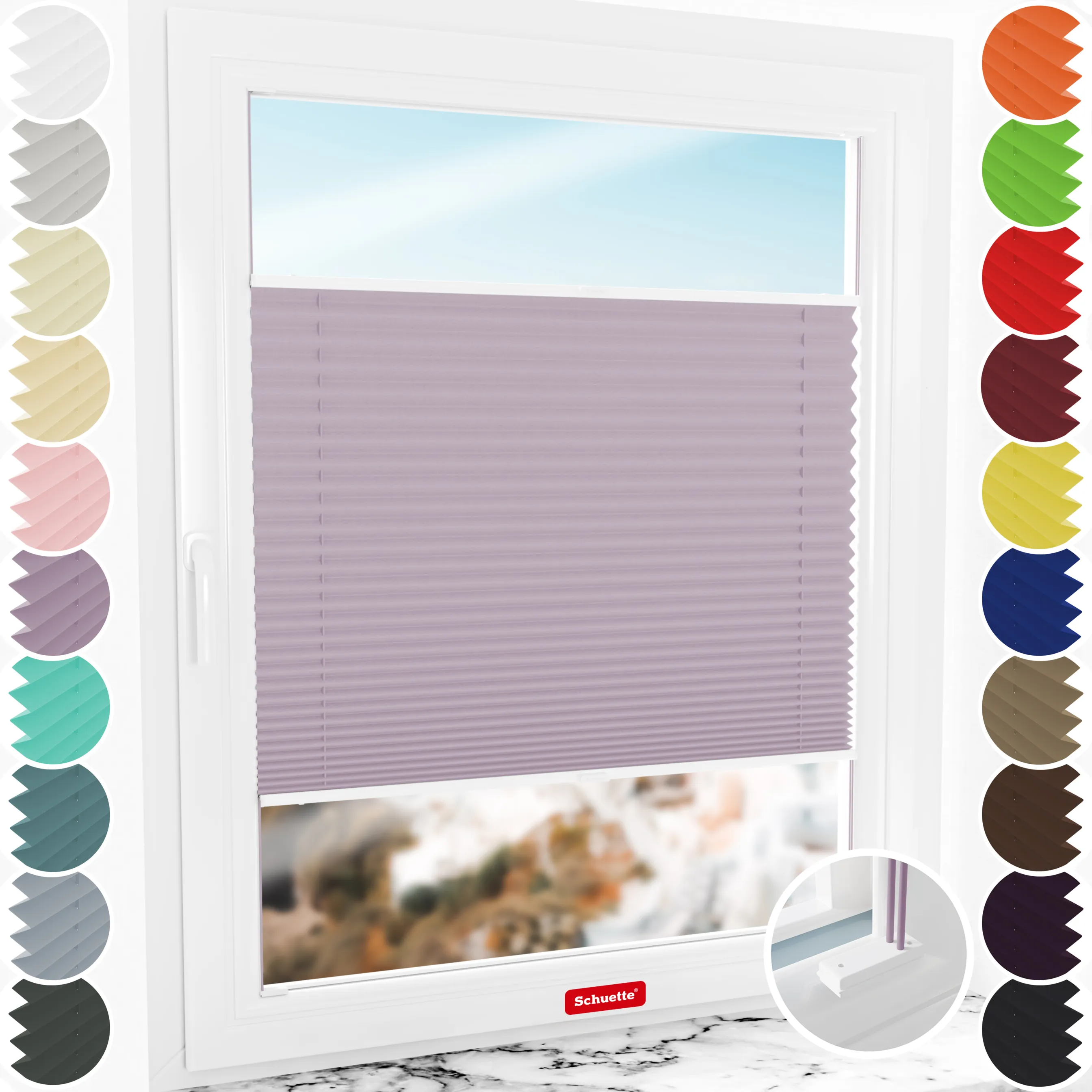 Schuette® Plissee mit Bohren nach Maß • Suprafix Halterungen “Mit Bohren” • Thermo Kollektion: Pastel Grape (lila) • Profilfarbe: Weiß