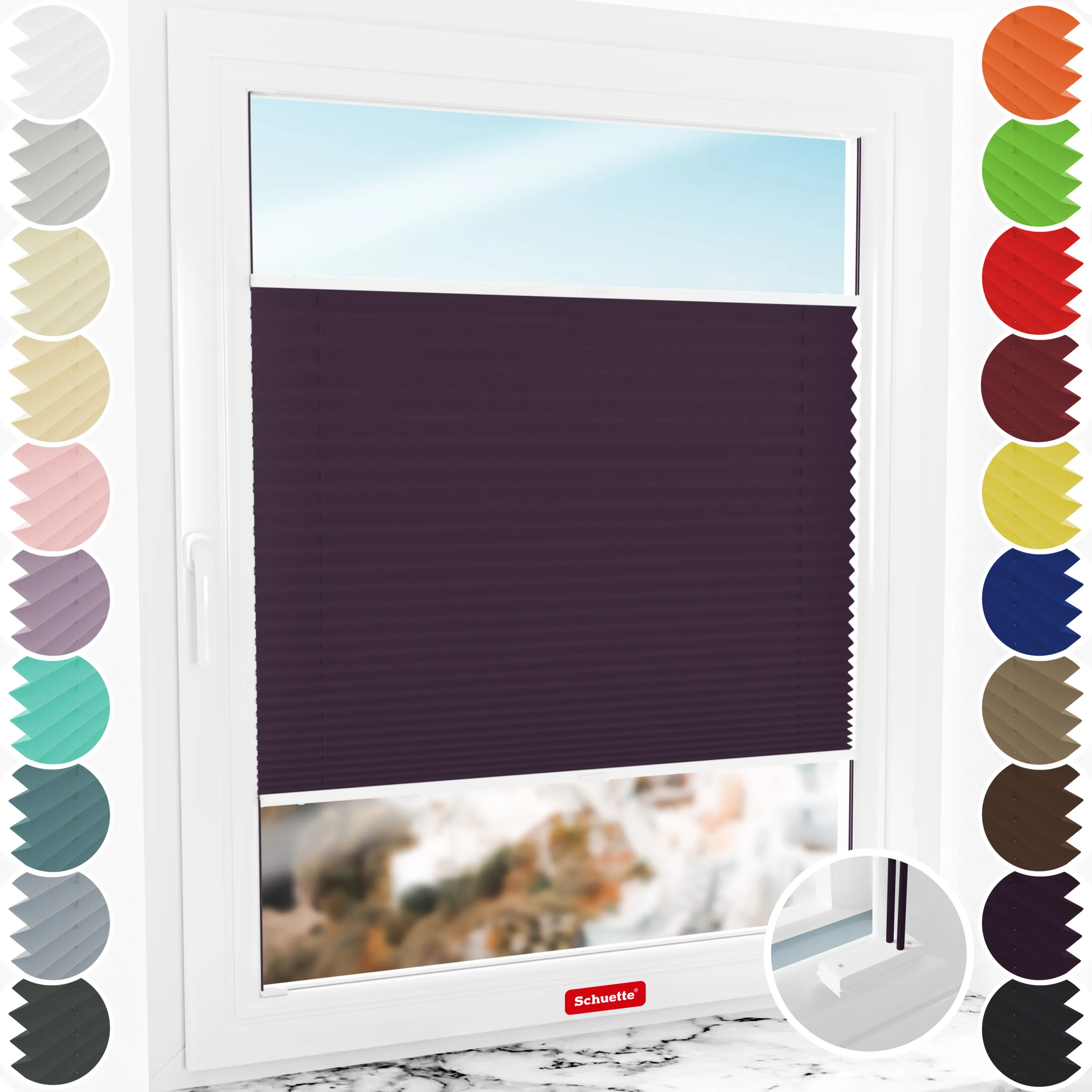 Schuette® Plissee mit Bohren nach Maß • Suprafix Halterungen “Mit Bohren” • Thermo Kollektion: Violet Paradise (Violett) • Profilfarbe: Weiß