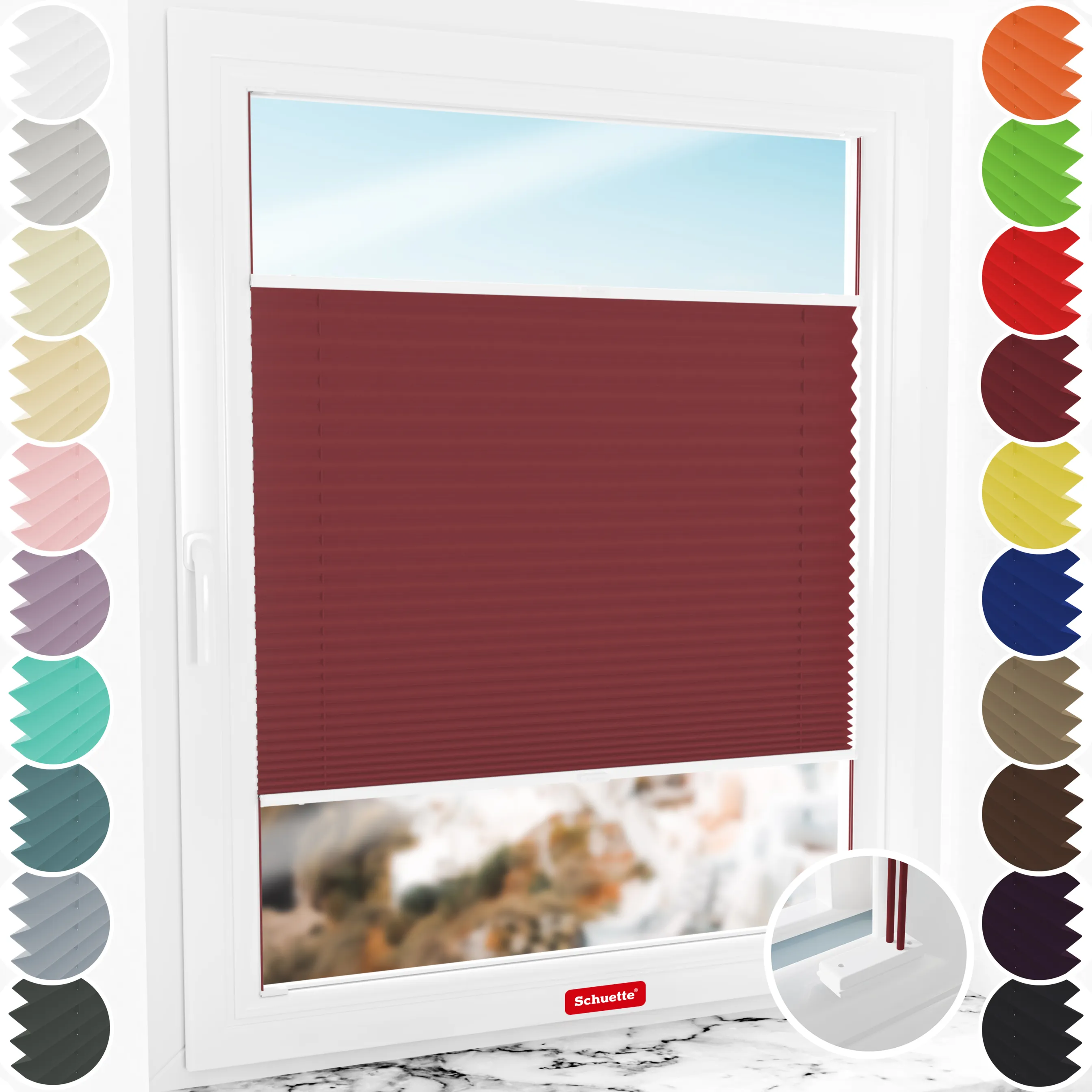 Schuette® Plissee mit Bohren nach Maß • Suprafix Halterungen “Mit Bohren” • Thermo Kollektion: Scarlet Wine (Rot) • Profilfarbe: Weiß