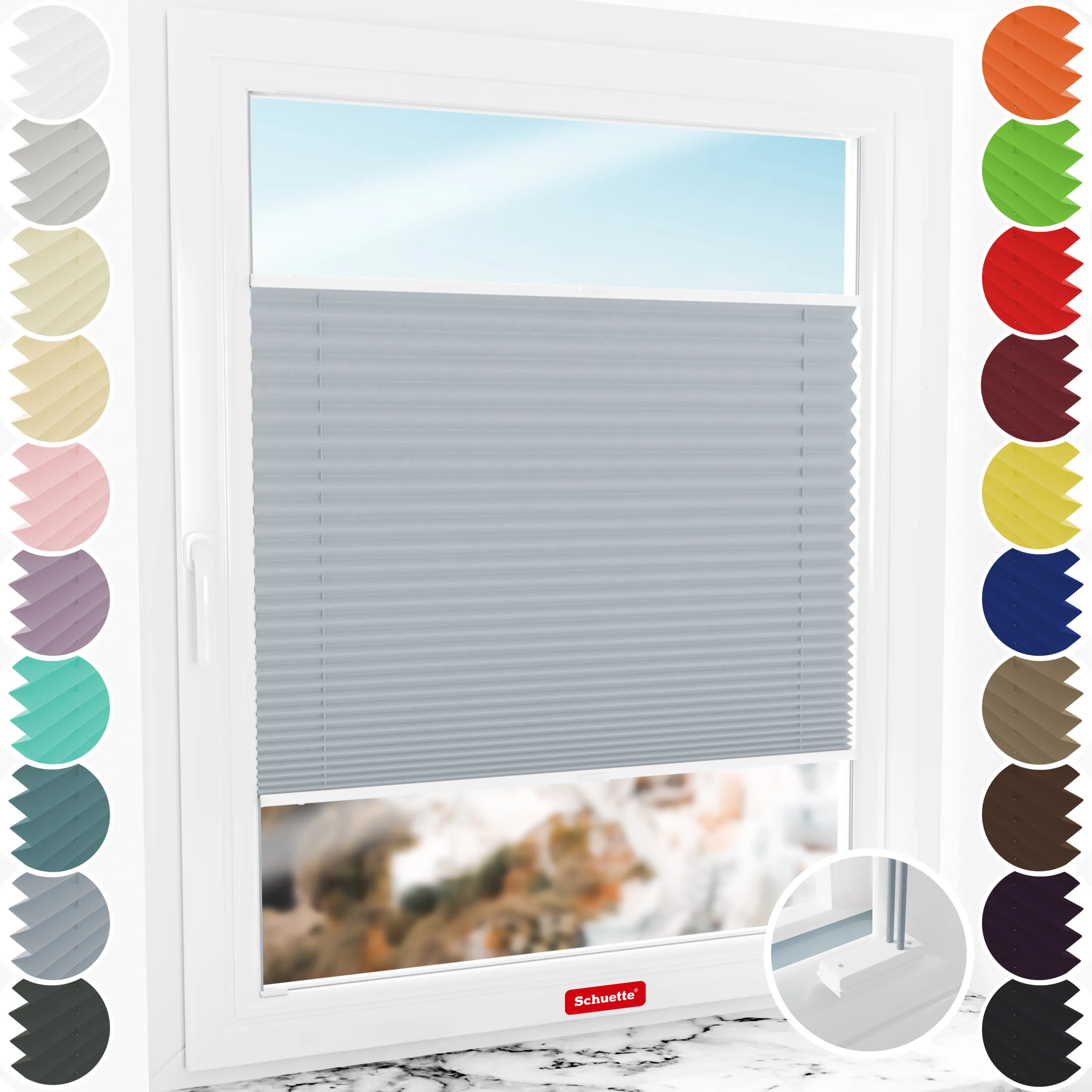 Schuette® Plissee mit Bohren nach Maß • Suprafix Halterungen “Mit Bohren” • Thermo Kollektion: Iron Fog (Hellgrau) • Profilfarbe: Weiß