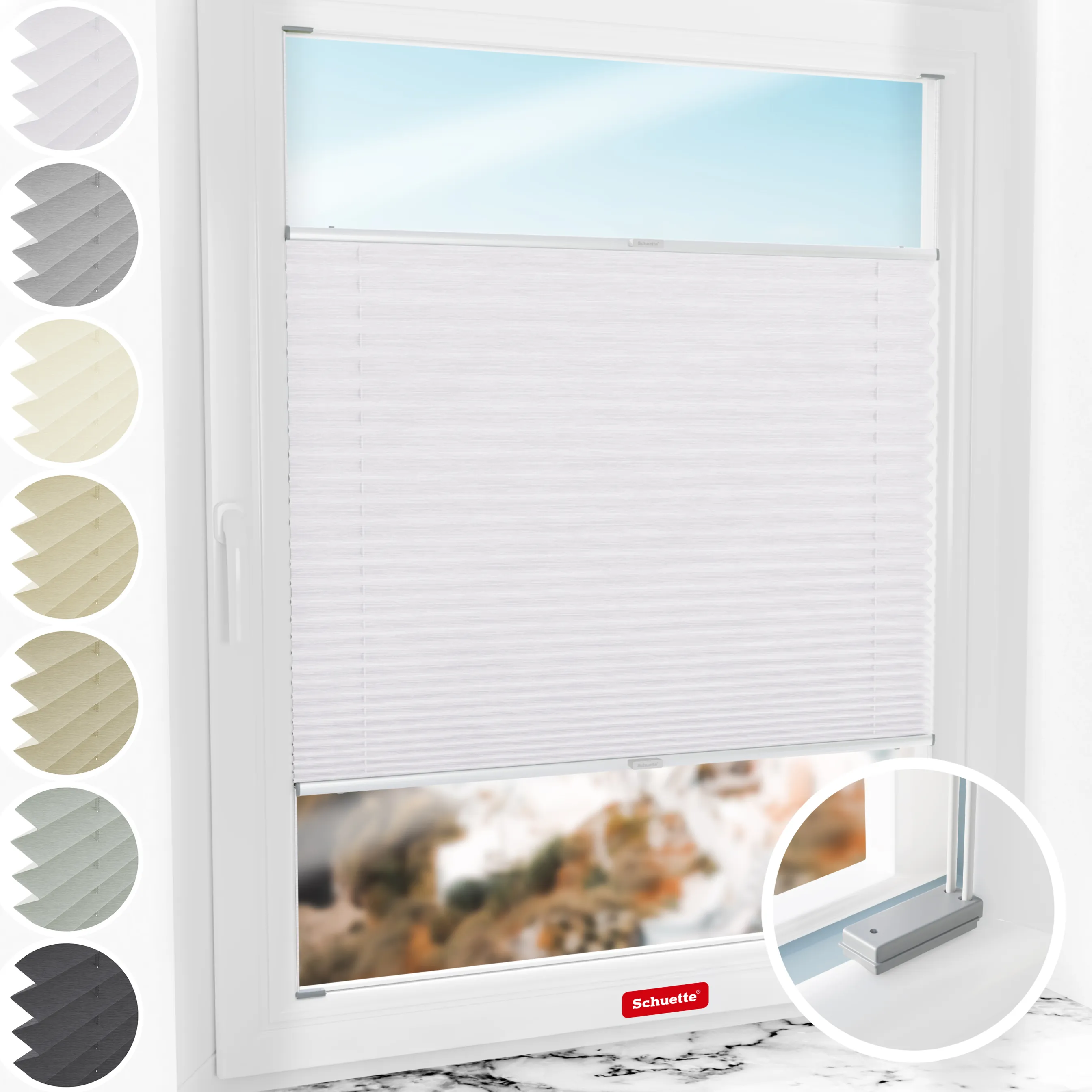 Schuette® Plissee mit Bohren nach Maß • Suprafix Halterungen “Mit Bohren” • Dolomite Kollektion: Cold Morning (Grau) • Profilfarbe: Silber