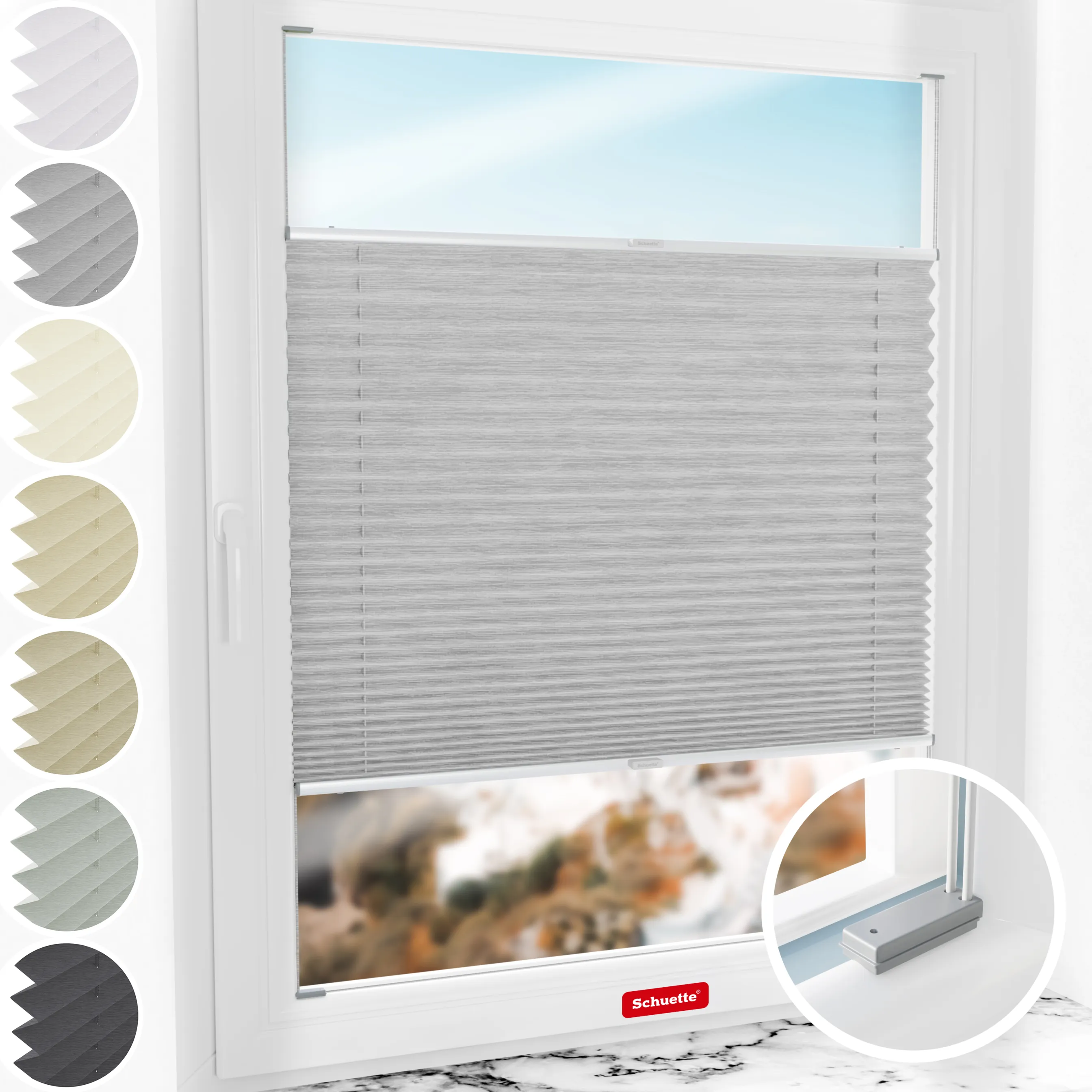 Schuette® Plissee mit Bohren nach Maß • Suprafix Halterungen “Mit Bohren” • Dolomite Kollektion: Storm Gray (Grau) • Profilfarbe: Silber