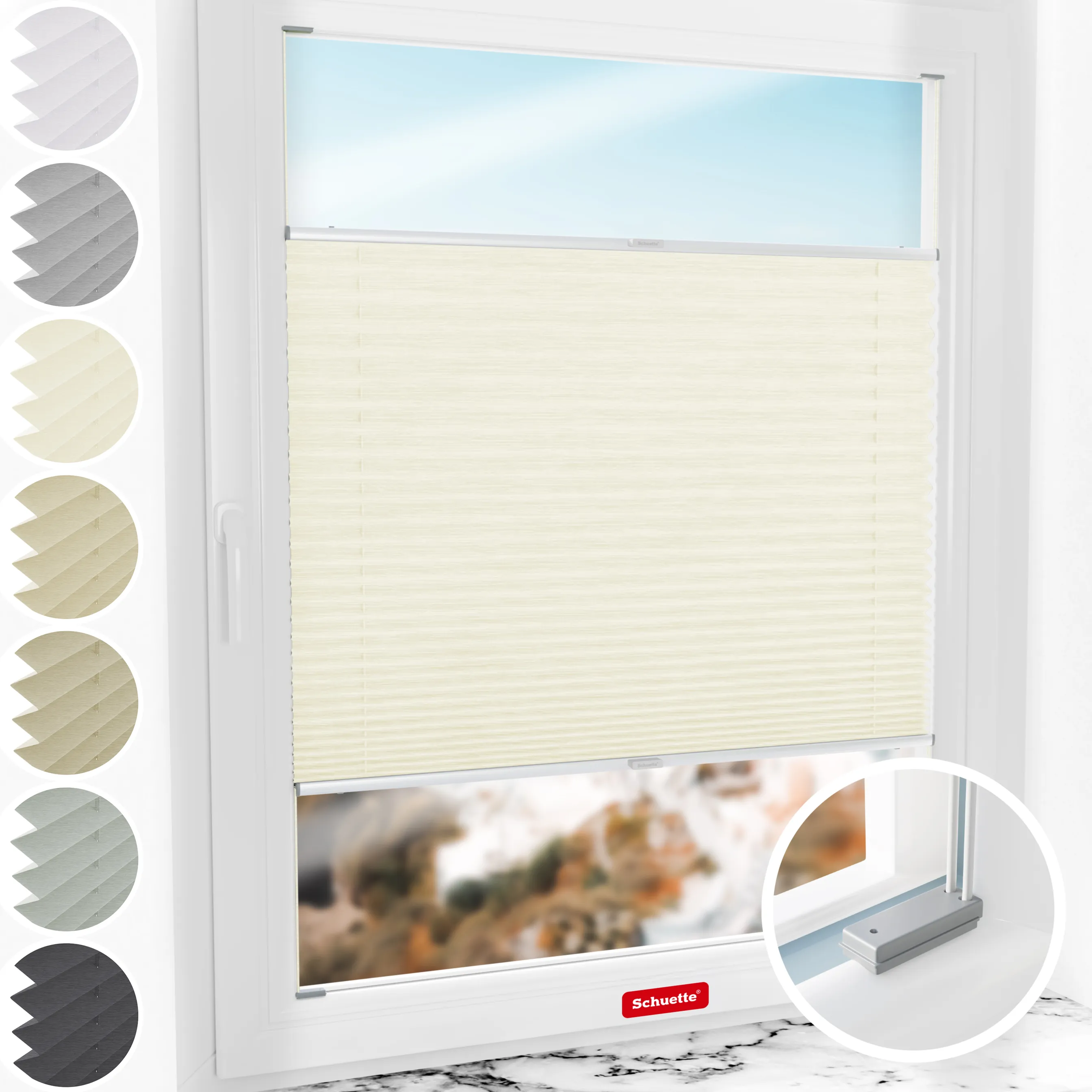 Schuette® Plissee mit Bohren nach Maß • Suprafix Halterungen “Mit Bohren” • Dolomite Kollektion: Vanilla Sky (Beige) • Profilfarbe: Silber