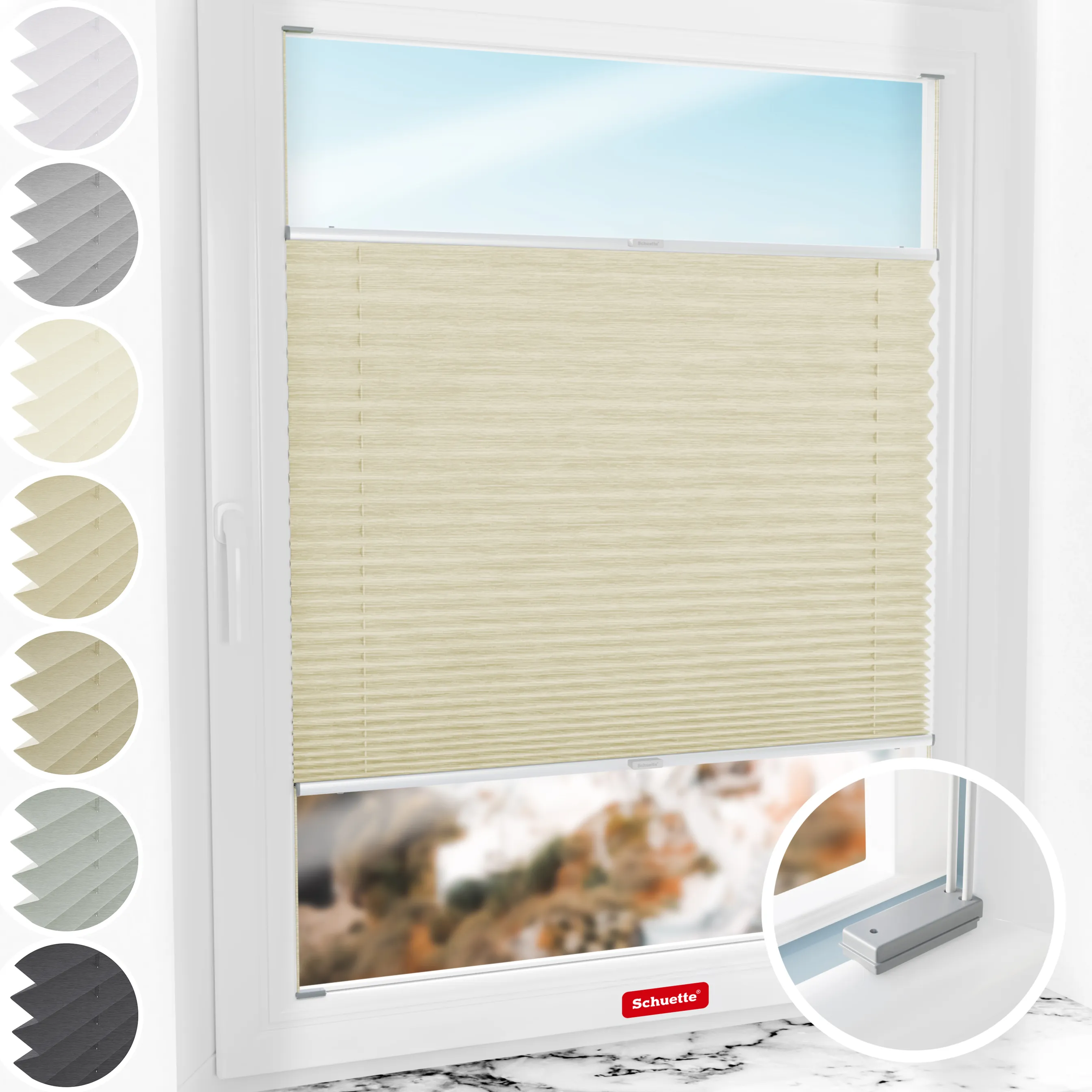 Schuette® Plissee mit Bohren nach Maß • Suprafix Halterungen “Mit Bohren” • Dolomite Kollektion: Wet Stand (Beige) • Profilfarbe: Silber