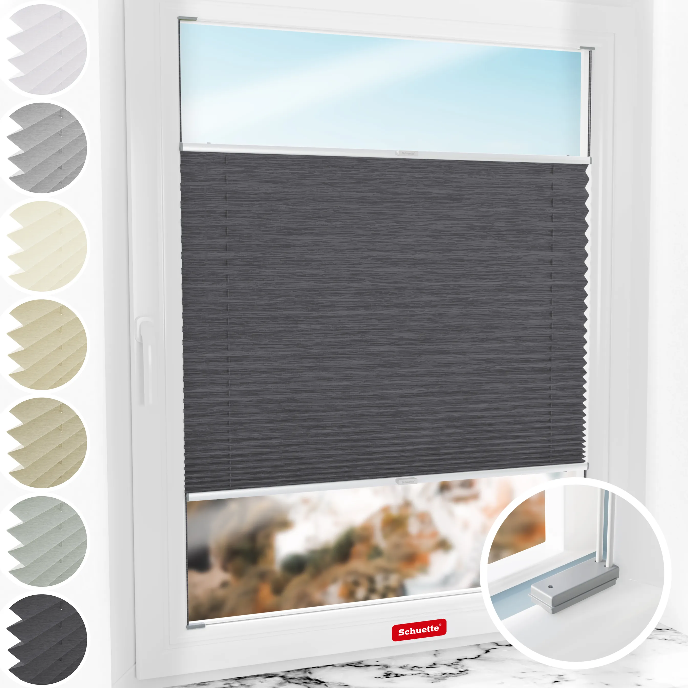 Schuette® Plissee mit Bohren nach Maß • Suprafix Halterungen “Mit Bohren” • Dolomite Kollektion: Dark Vintage (Grau) • Profilfarbe: Silber