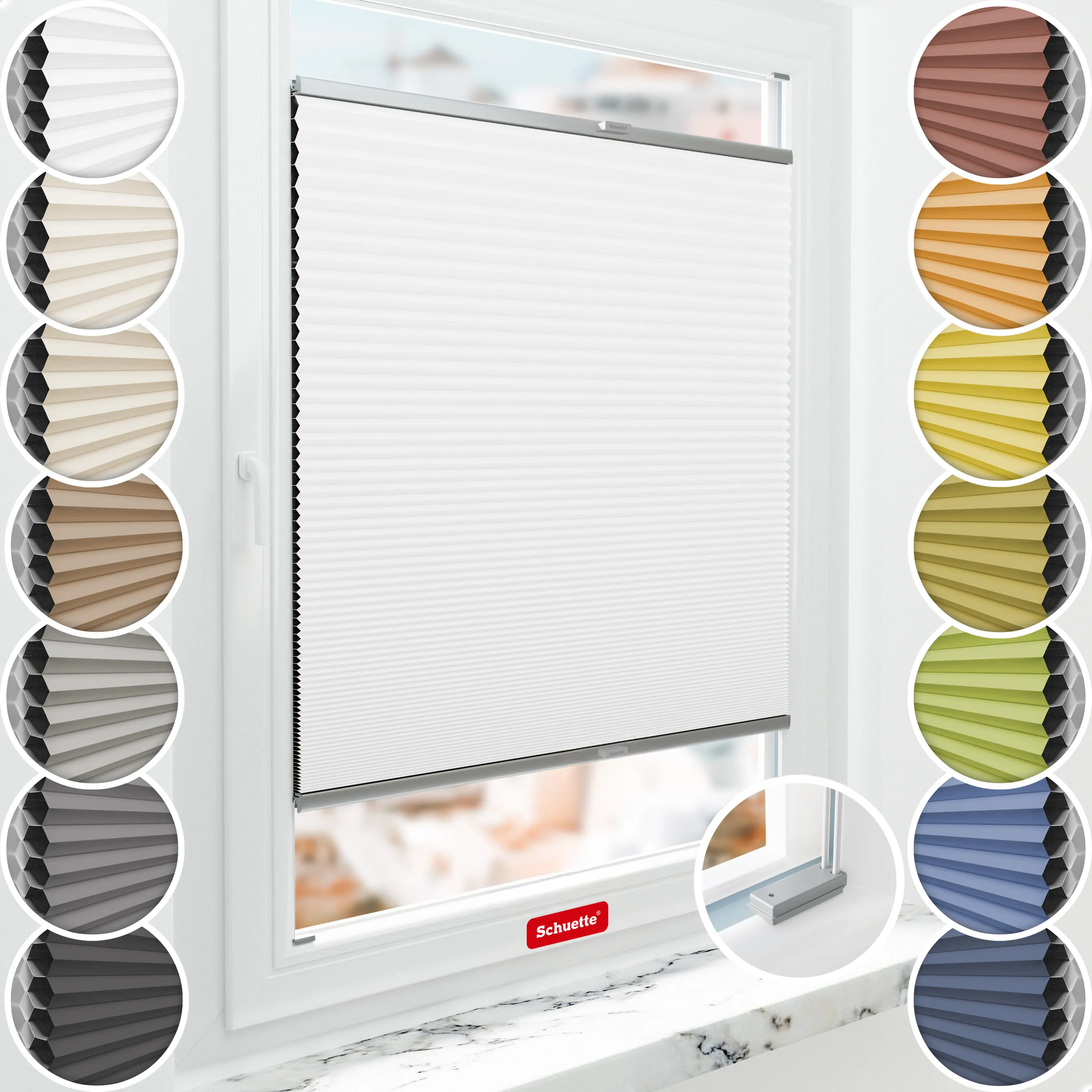 Schuette® Wabenplissee mit Bohren nach Maß • Suprafix Halterungen “Mit Bohren” • Honey Kollektion: Moonlight (Weiß) • Profilfarbe: Silber