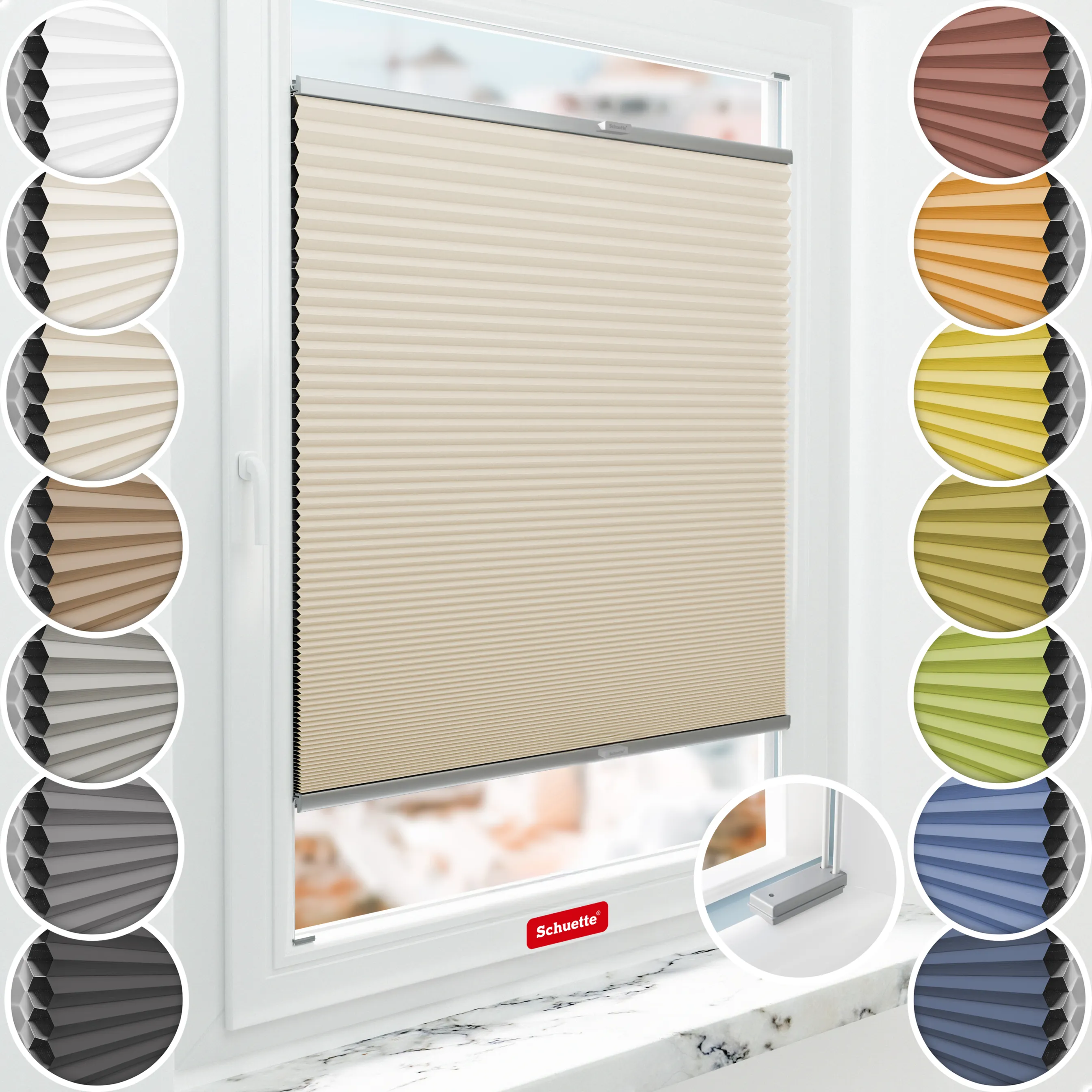 Schuette® Wabenplissee mit Bohren nach Maß • Suprafix Halterungen “Mit Bohren” • Honey Kollektion: The Dune (Beige) • Profilfarbe: Silber