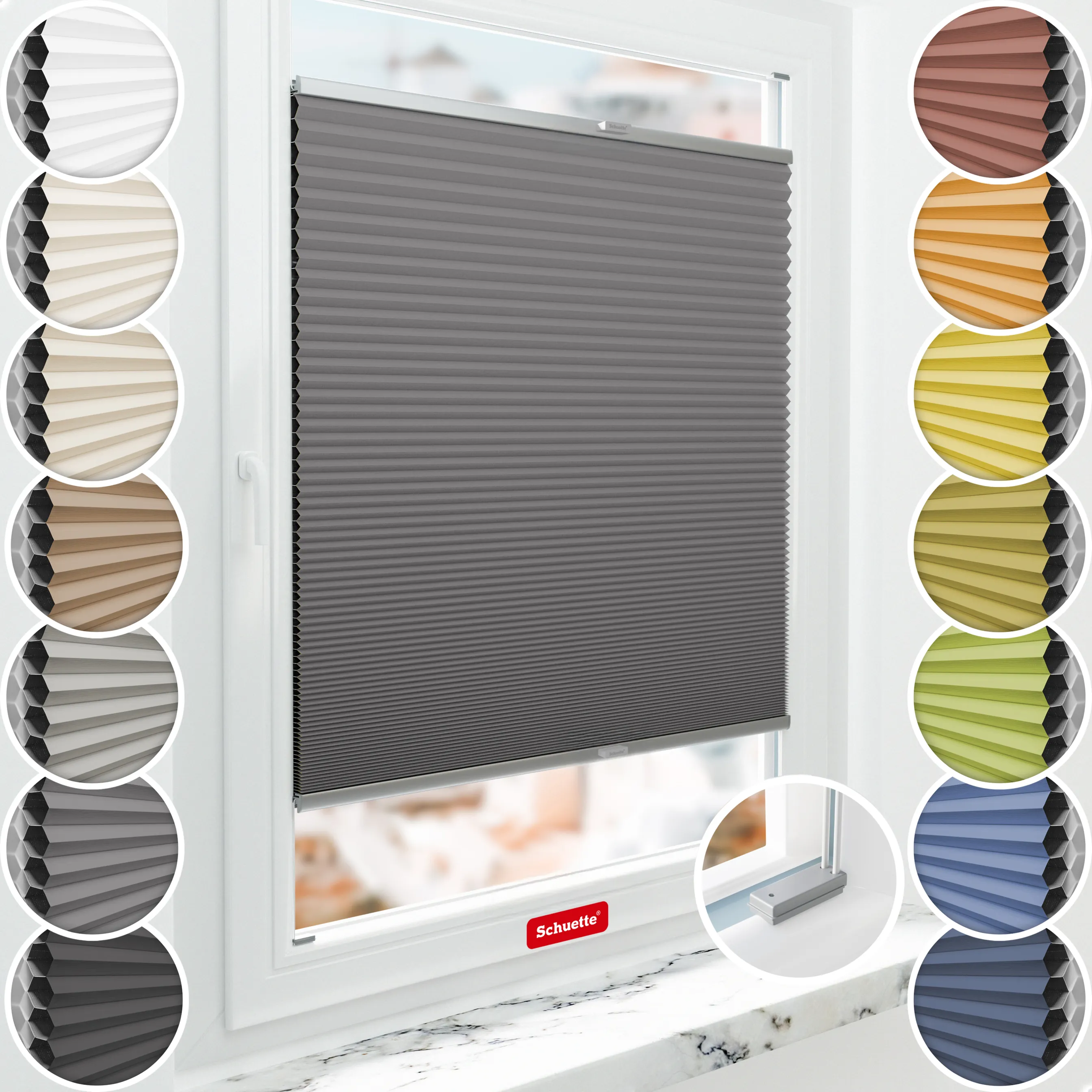 Schuette® Wabenplissee mit Bohren nach Maß • Suprafix Halterungen “Mit Bohren” • Honey Kollektion: Twilight Tango (Grau) • Profilfarbe: Silber