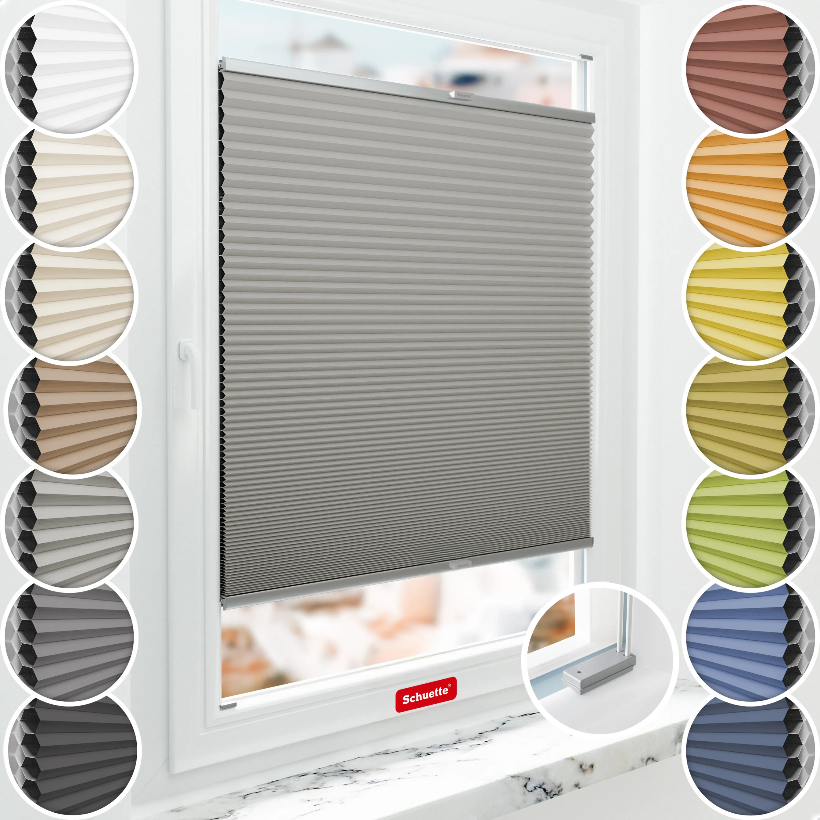 Schuette® Wabenplissee mit Bohren nach Maß • Suprafix Halterungen “Mit Bohren” • Honey Kollektion: Silver Mist (Grau) • Profilfarbe: Silber