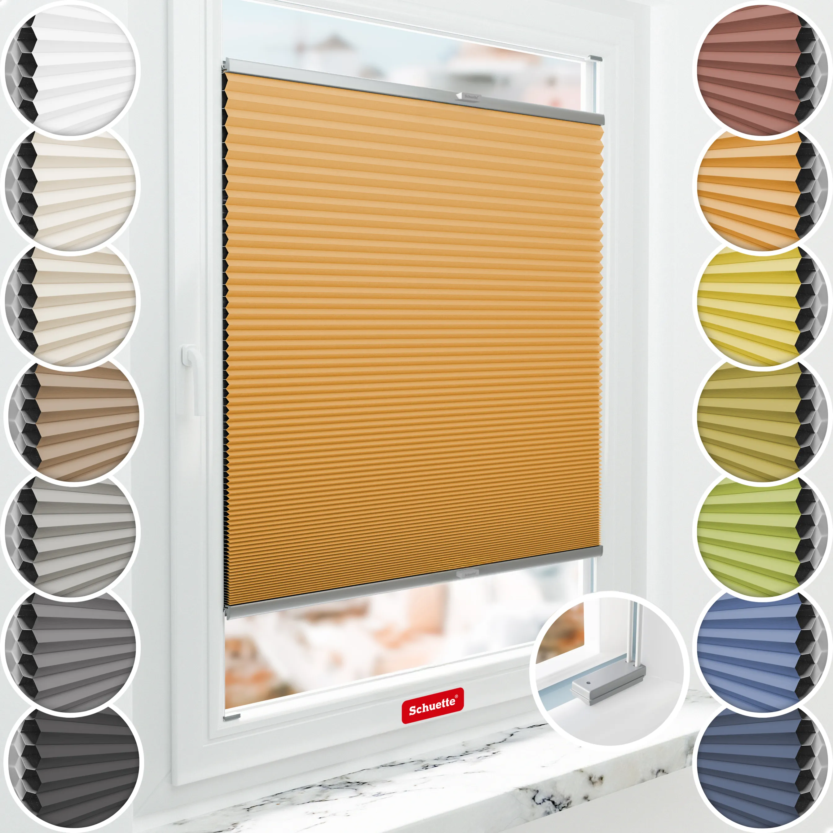 Schuette® Wabenplissee mit Bohren nach Maß • Suprafix Halterungen “Mit Bohren” • Honey Kollektion: Citrus Glow (Orange) • Profilfarbe: Silber