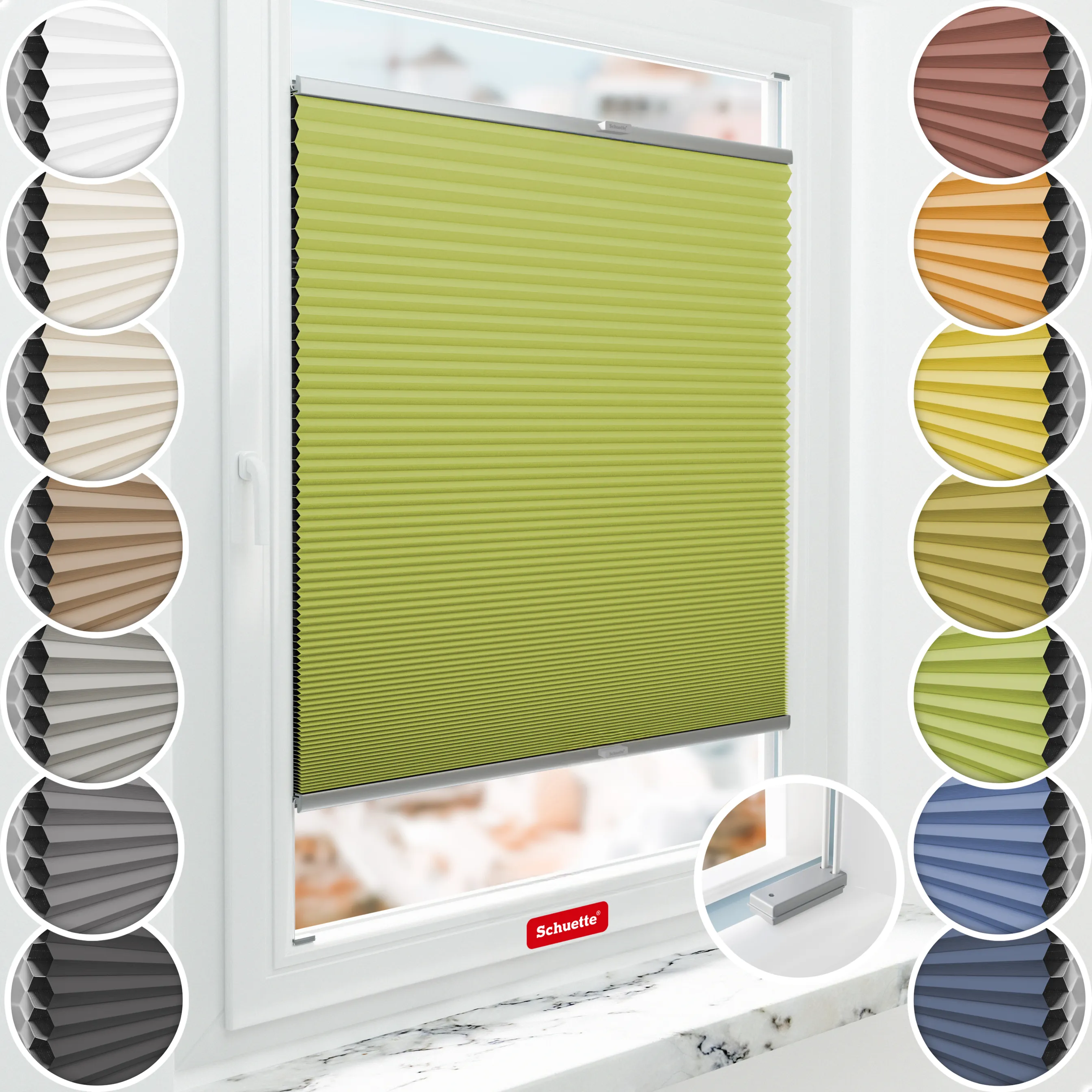 Schuette® Wabenplissee mit Bohren nach Maß • Suprafix Halterungen “Mit Bohren” • Honey Kollektion: Green Tea (Grün) • Profilfarbe: Silber