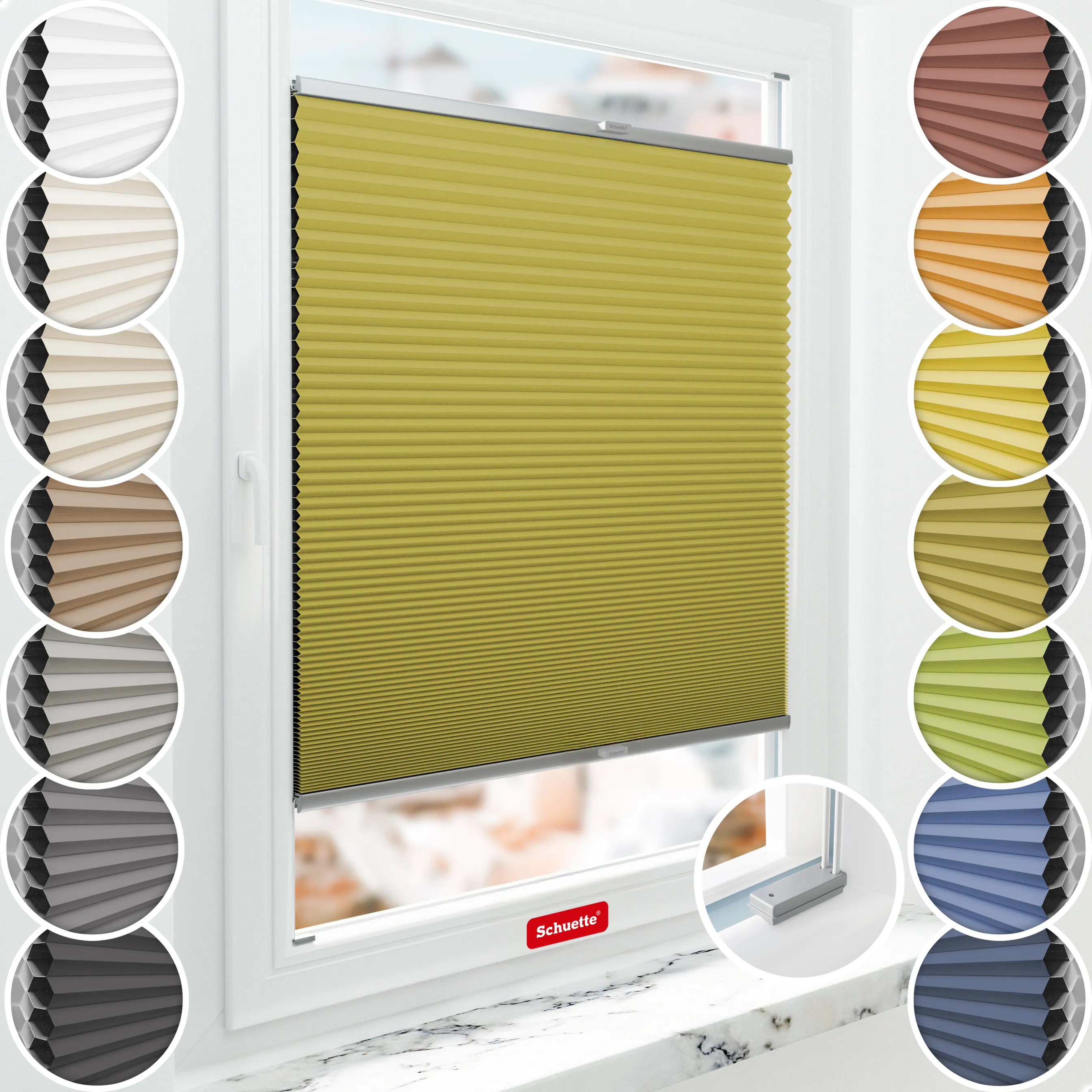 Schuette® Wabenplissee mit Bohren nach Maß • Suprafix Halterungen “Mit Bohren” • Honey Kollektion: Olive Branch (Olivgrün) • Profilfarbe: Silber