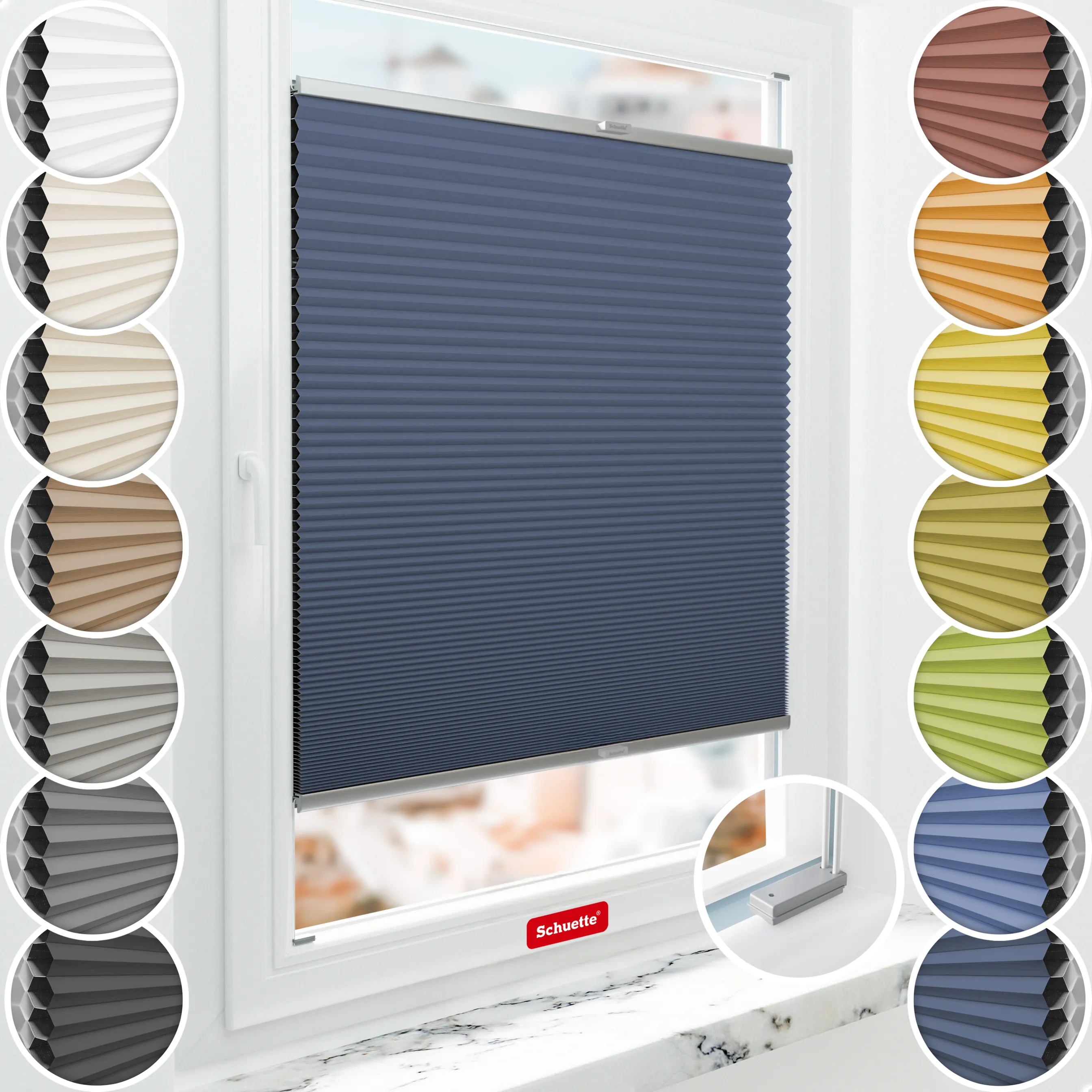 Schuette® Wabenplissee mit Bohren nach Maß • Suprafix Halterungen “Mit Bohren” • Honey Kollektion: Arctic Ocean (Dunkelblau) • Profilfarbe: Silber