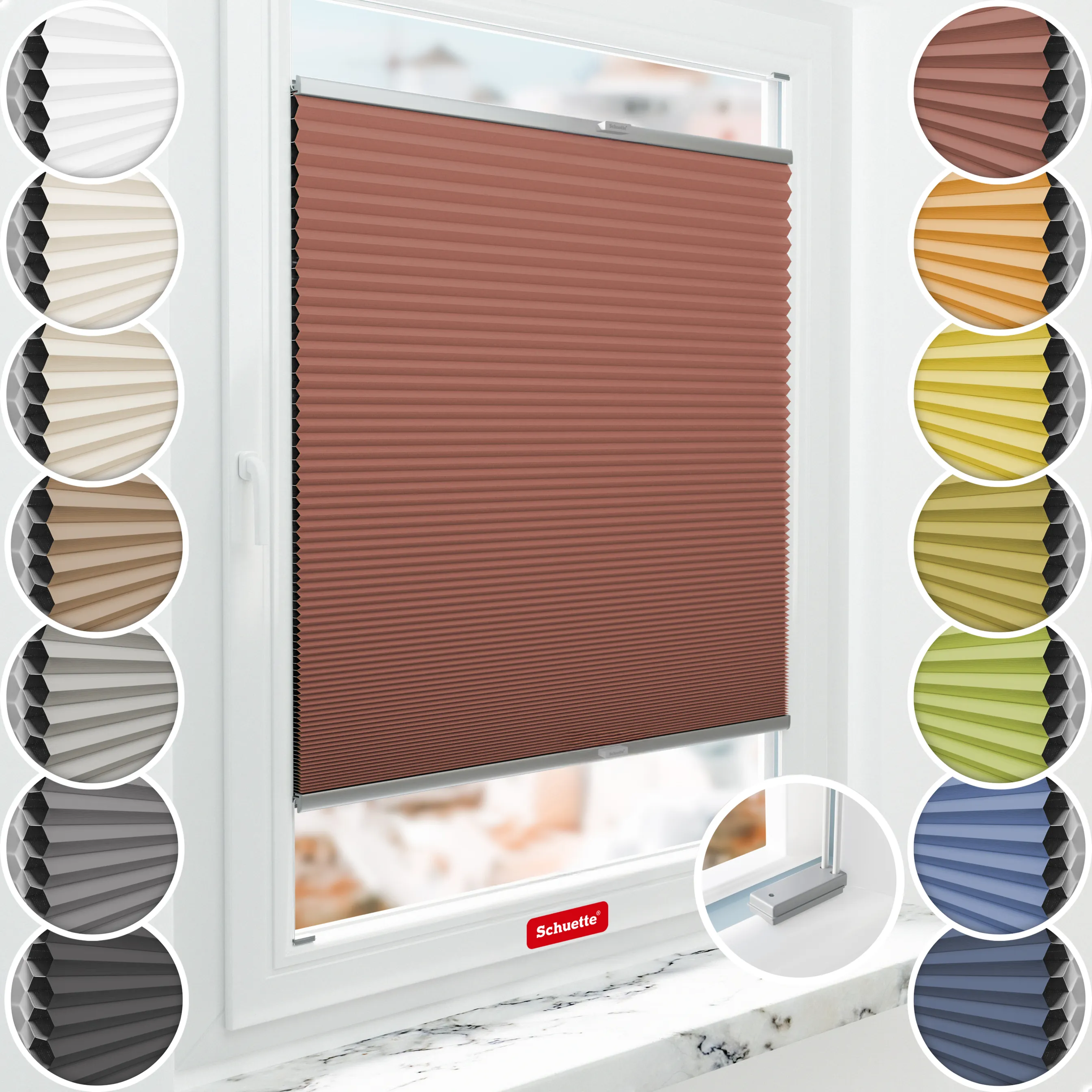 Schuette® Wabenplissee mit Bohren nach Maß • Suprafix Halterungen “Mit Bohren” • Honey Kollektion: Poppy Petal (Dunkelrot) • Profilfarbe: Silber