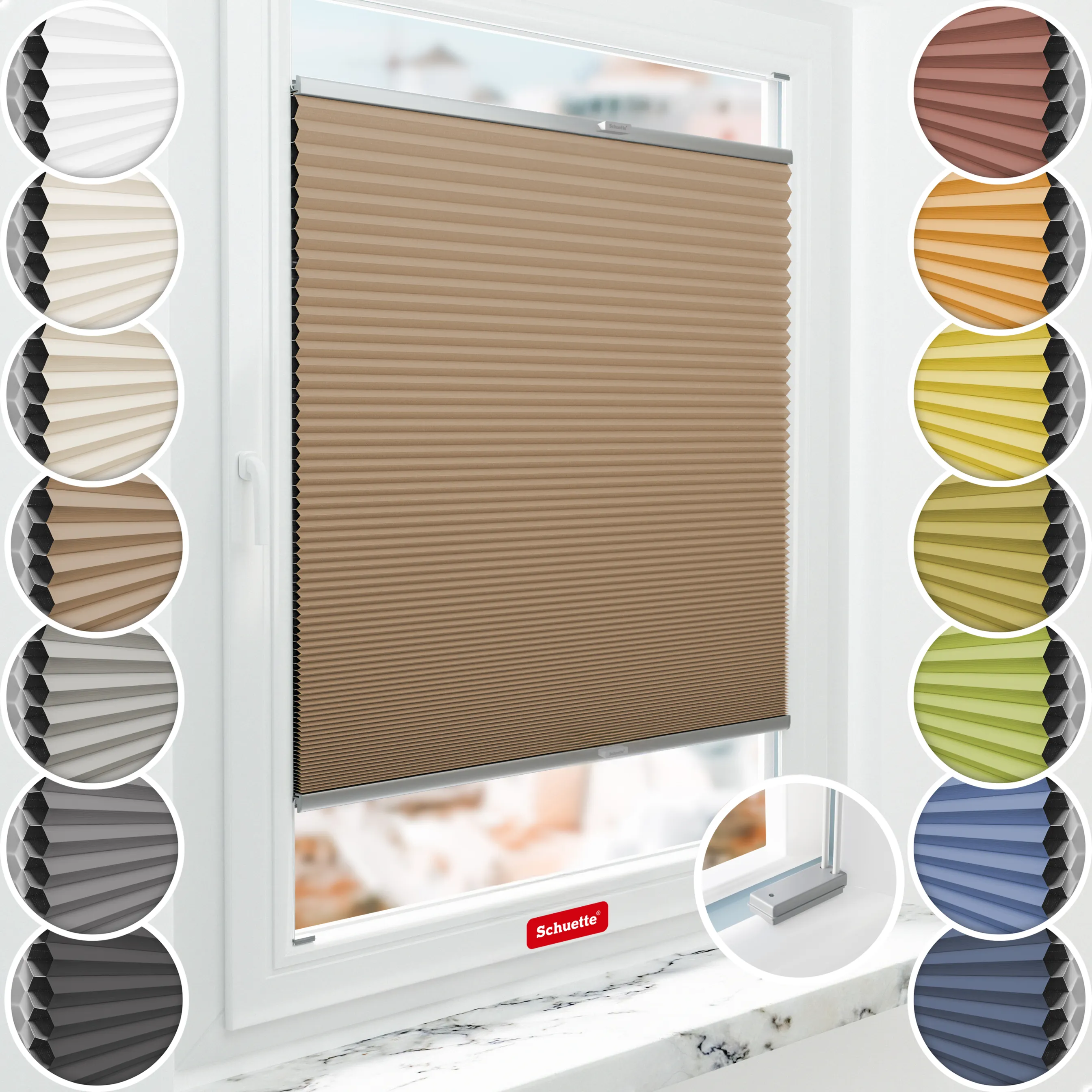 Schuette® Wabenplissee mit Bohren nach Maß • Suprafix Halterungen “Mit Bohren” • Honey Kollektion: Maple Wood (Braun) • Profilfarbe: Silber