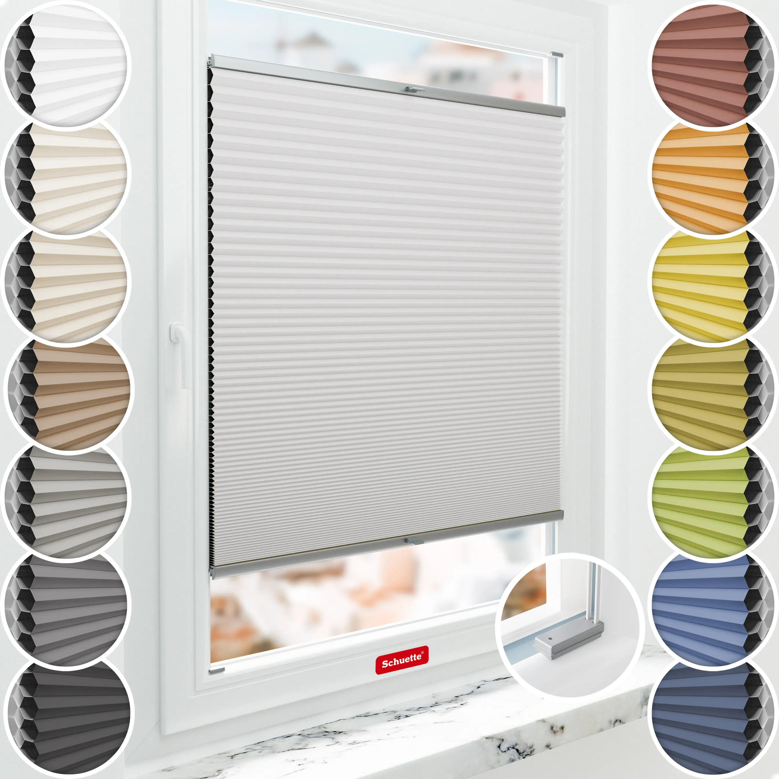 Schuette® Wabenplissee mit Bohren nach Maß • Suprafix Halterungen “Mit Bohren” • Honey Kollektion: Gray-zy in Love (Pastellgrau) • Profilfarbe: Silber